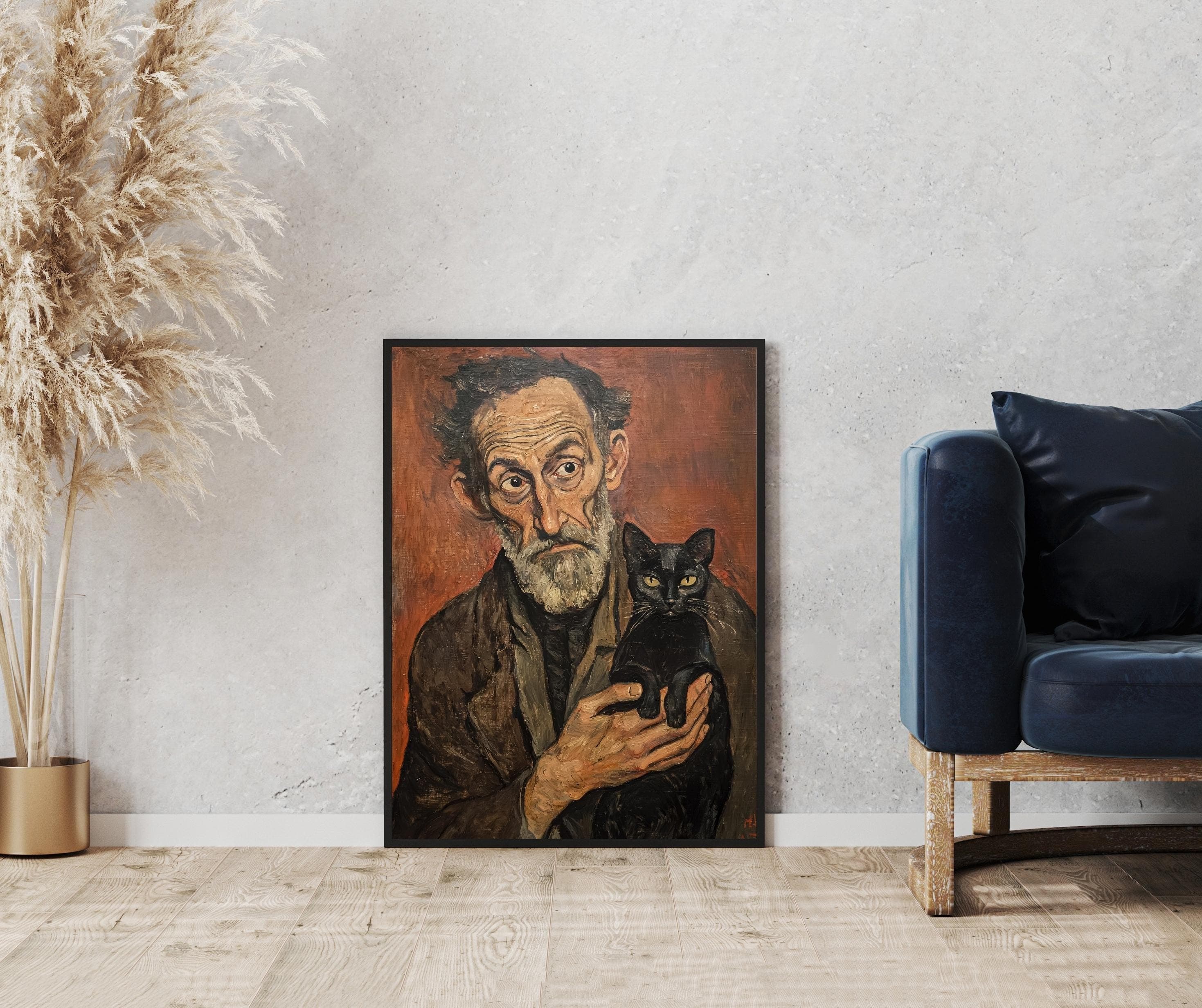 Vintage Oil Painting – Old Man and Black Cat Portrait, Rustic Oil Art Poster, Oil Painting Print, Antique Oil Art Print, Vintage Style Art - view 5