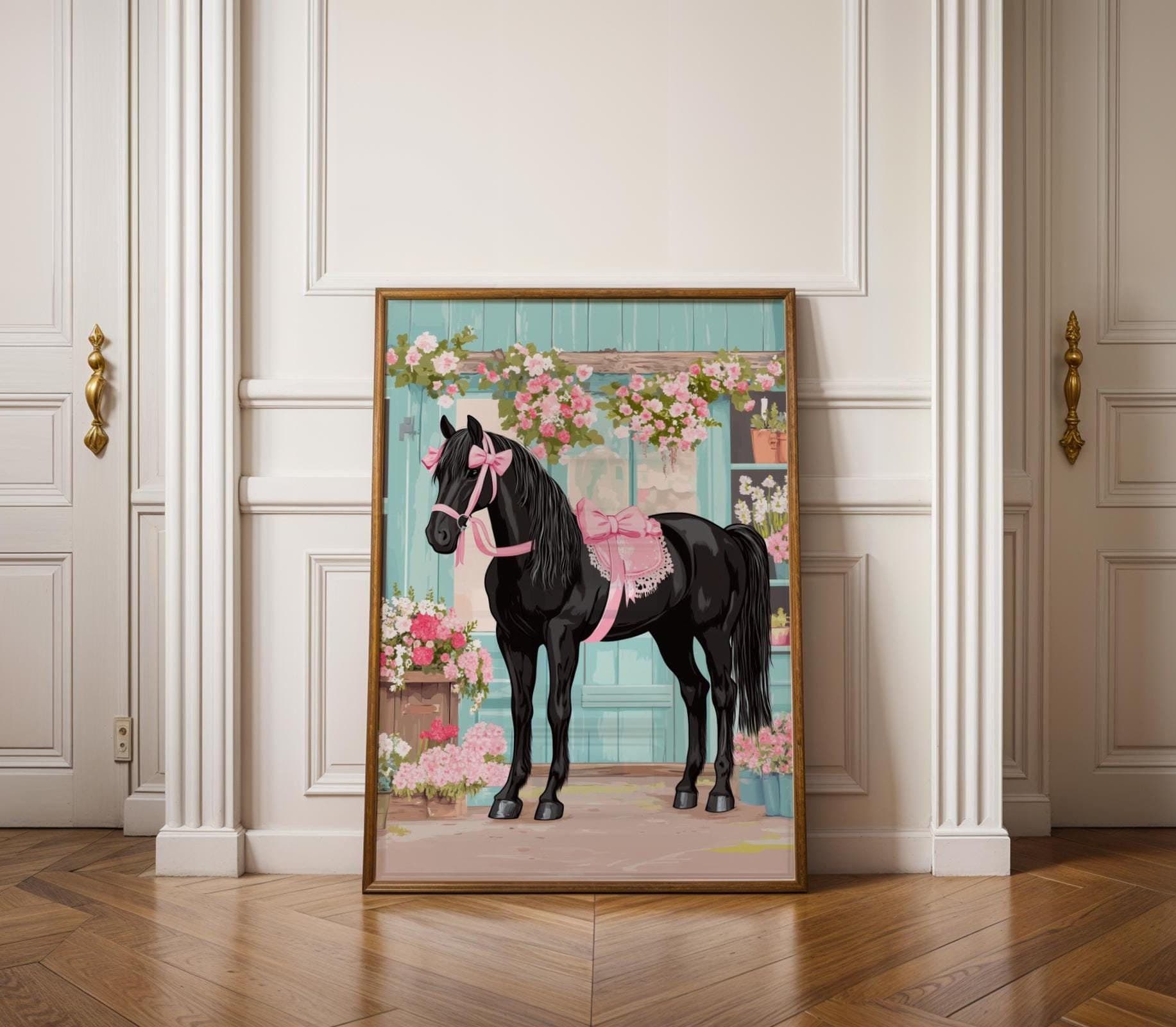 Black Horse with Pink Ribbons, Floral Stallion Art (Digital Download)