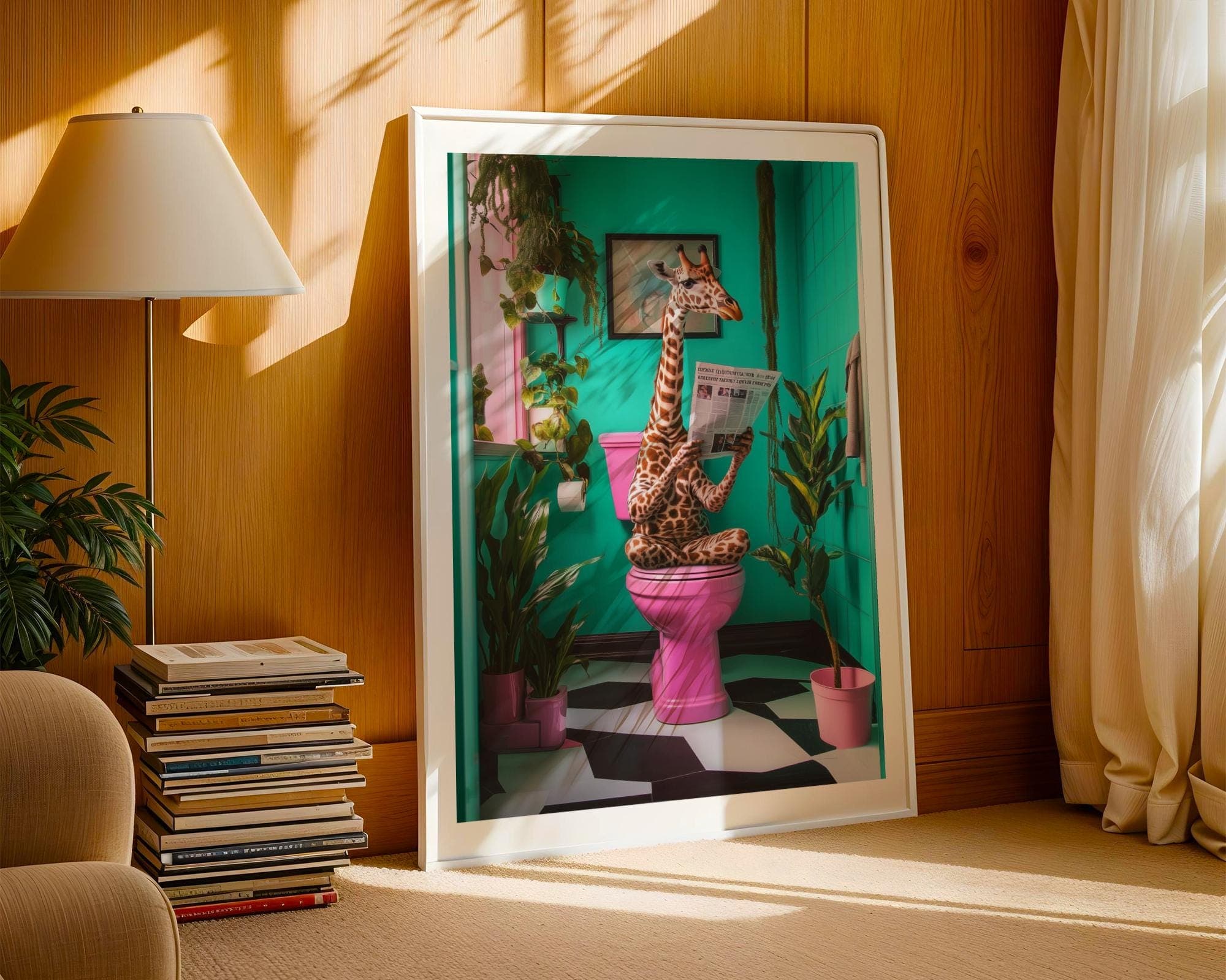 Funny Giraffe Bathroom Art Giraffe on toilet Funny Bathroom Decor, Printable Digital Download, Funky Pink Toilet Art, Quirky Animal Art - view 3
