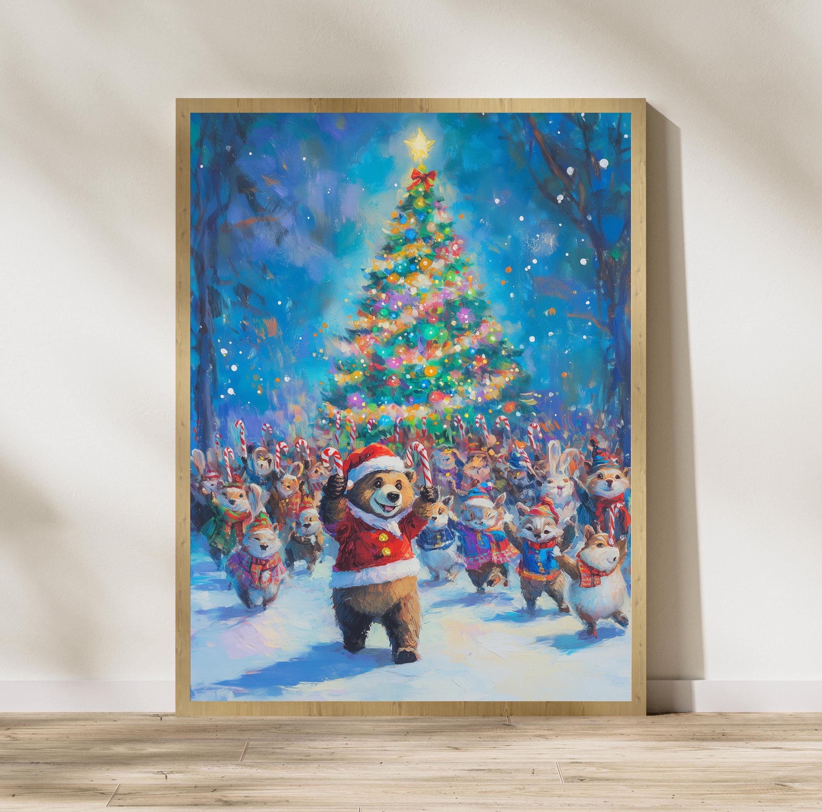 Cute Animal Christmas Parade Art, Christmas Wall Art with Bear & Forest Animals, Holiday Decor for Kids, Kids Room Decor, Festive Wall Art