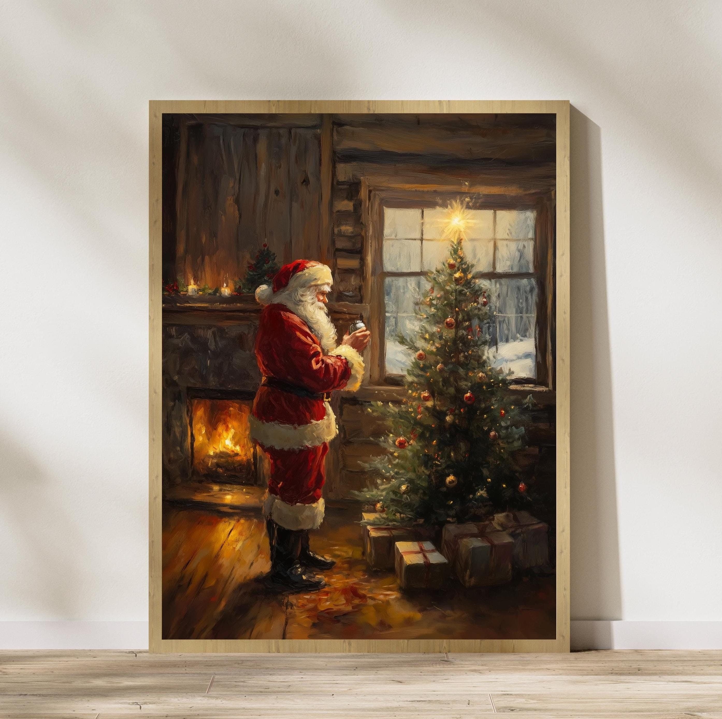 Santa Claus Decorating Christmas Tree Print, Vintage Cozy Christmas Wall Art Print, Digital Christmas Print, Warm Holiday Print, Santa Art