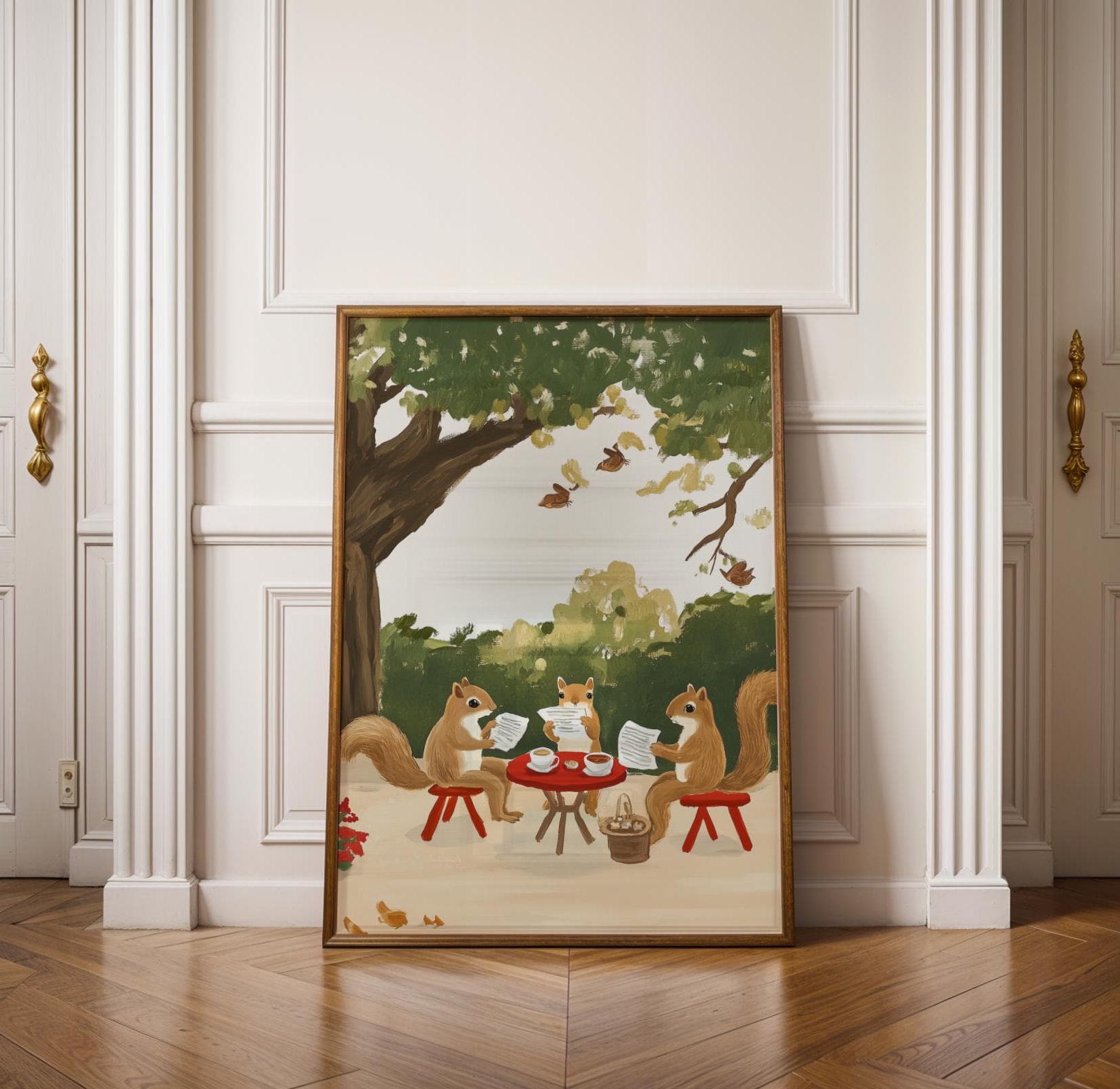 Whimsical Squirrel Art Print, Cute Forest Animals Illustration, Rustic Home Decor, Vintage Style Squirrel Tea Party, Squirrel Painting