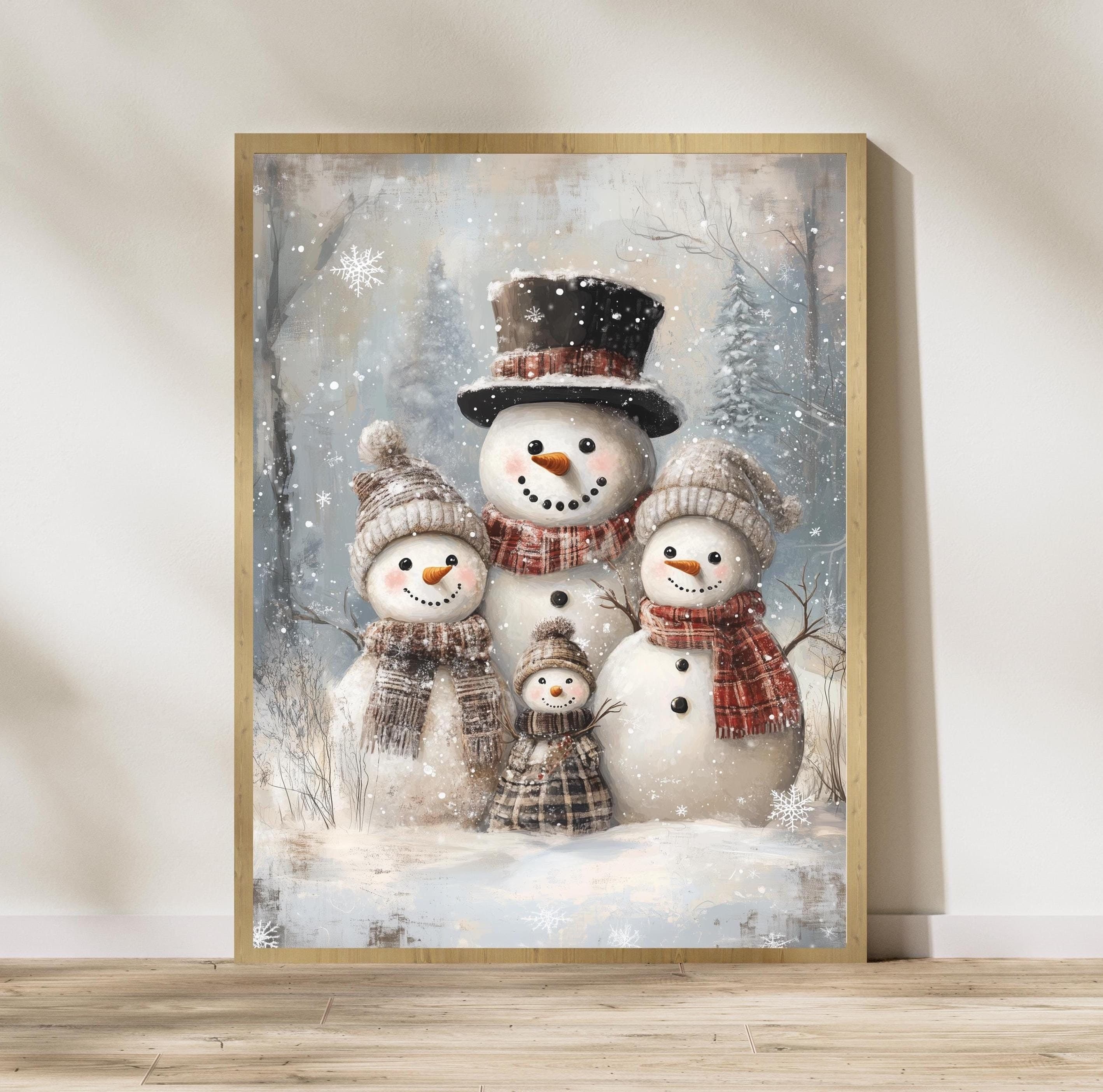 Vintage Snowman Family Painting | Printable Wall Art | Nursery Holiday Wall Decor | Antique Christmas Wall Art, Christmas Kids Room Wall Art