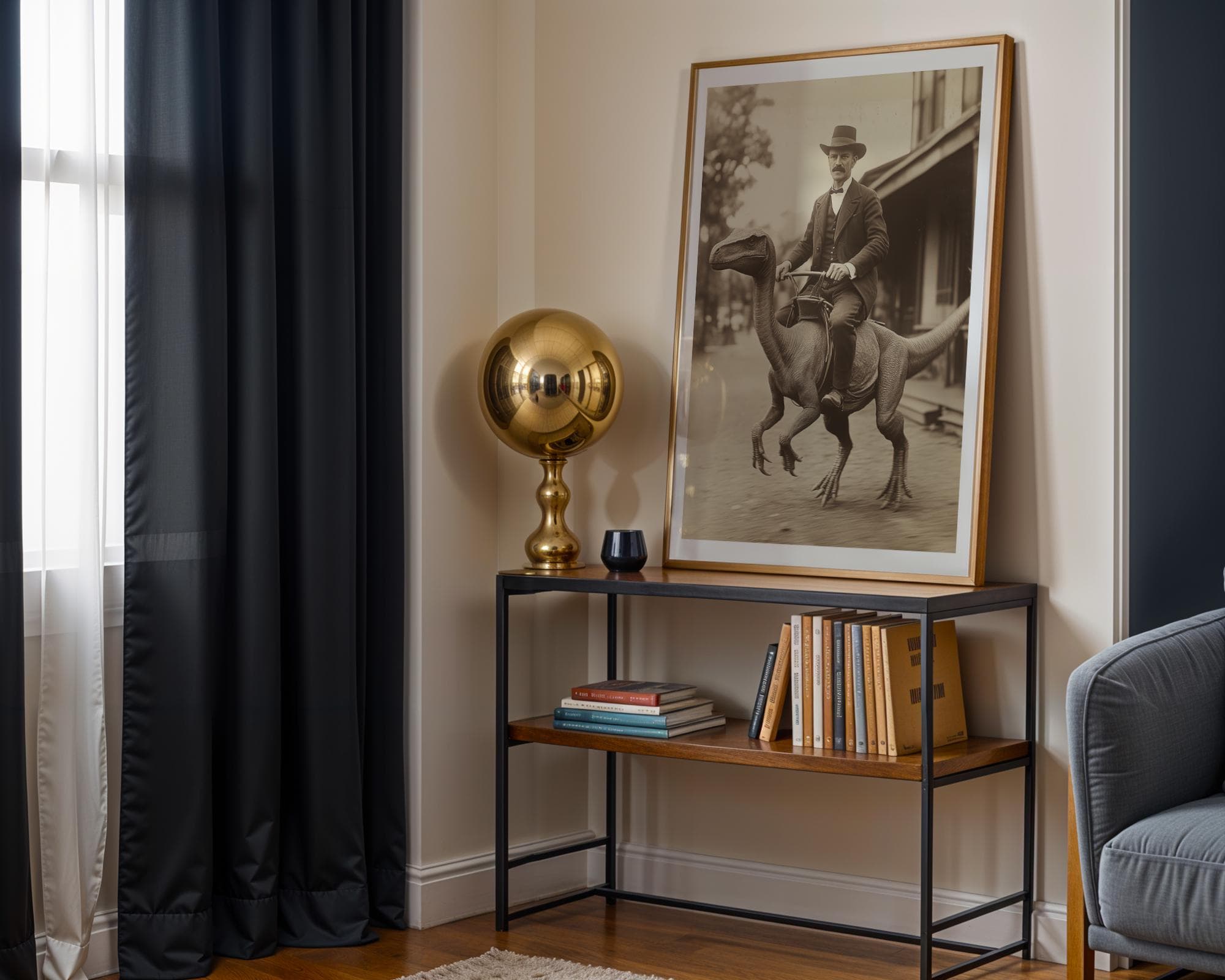 Dapper Man Riding Dinosaur Art β Vintage Western Wall Decor, Office & Man Cave Decor, Retro Sci Fi Wall Art for Steampunk Decor, Western Art - view 3