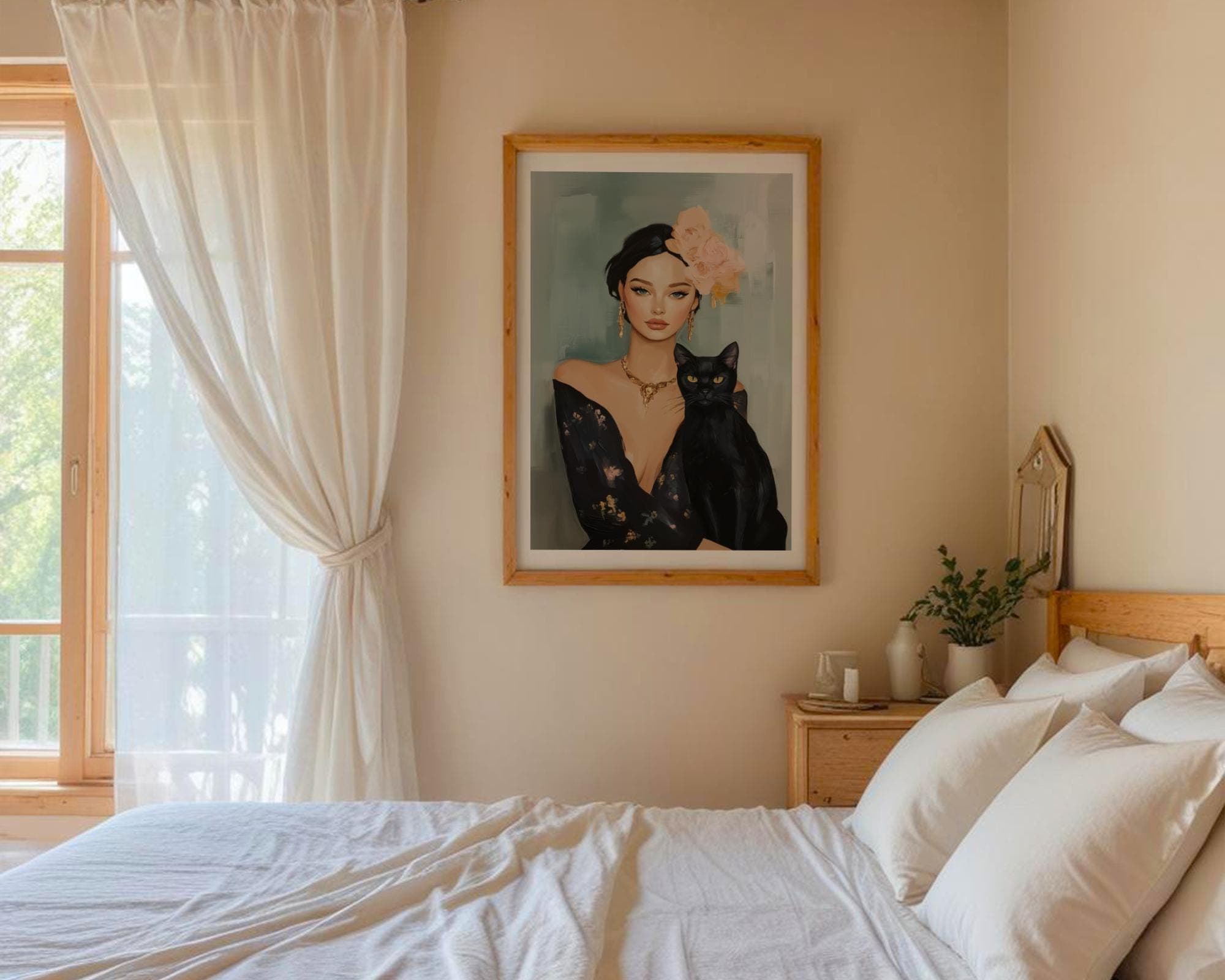 Chic Woman and Cat Portrait - Artistic Feminine Digital Painting, Vintage Aesthetic Woman and Cat Art, Earthy Tones Digital Painting Poster - view 7