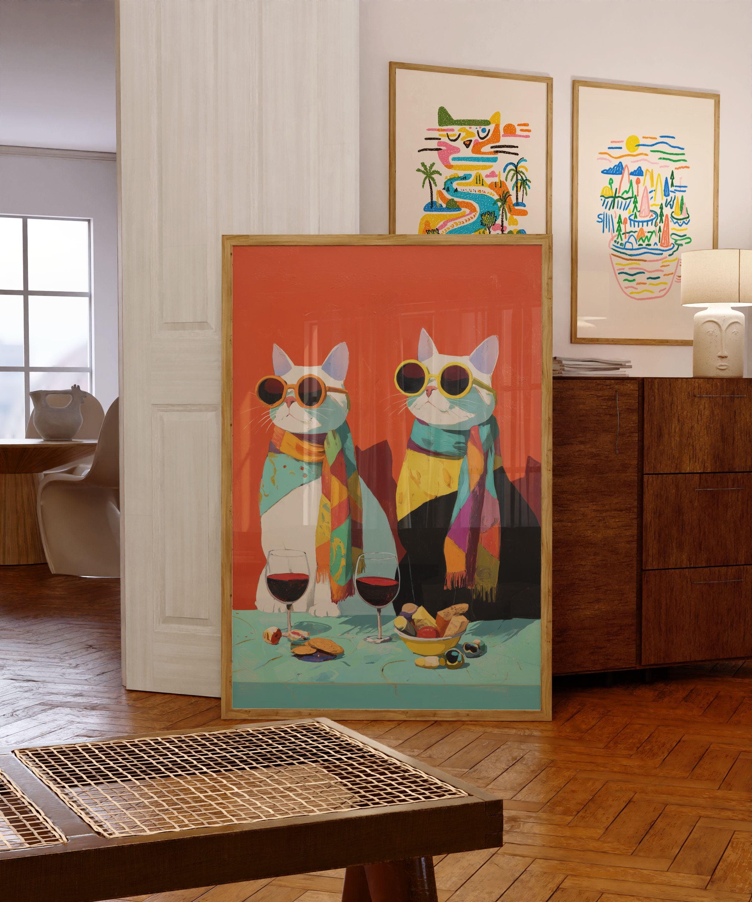 Funny Cat Couple Wine Wall Art, Modern Cat Couple Wall Decor, Quirky Cat Kitchen Wall Art, Funky Cats Kitchen Decor, Hipster Cats Wine Art