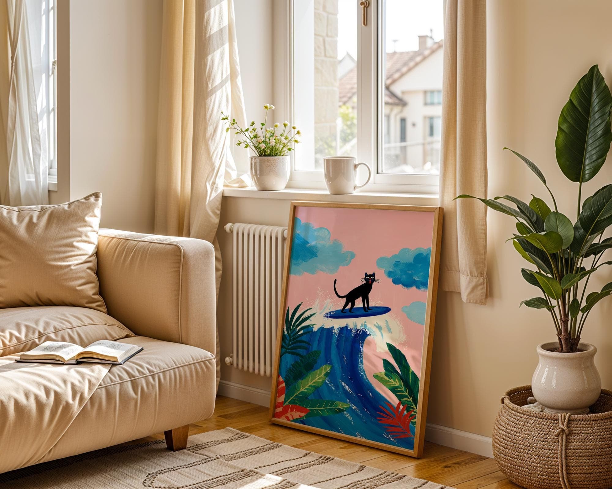 Surfing Black Cat Print – Tropical Pop Art Poster, Funny Surf Cat Wall Art, Tropical Coastal Decor, Modern Beach Art, Quirky Cat Poster - view 5