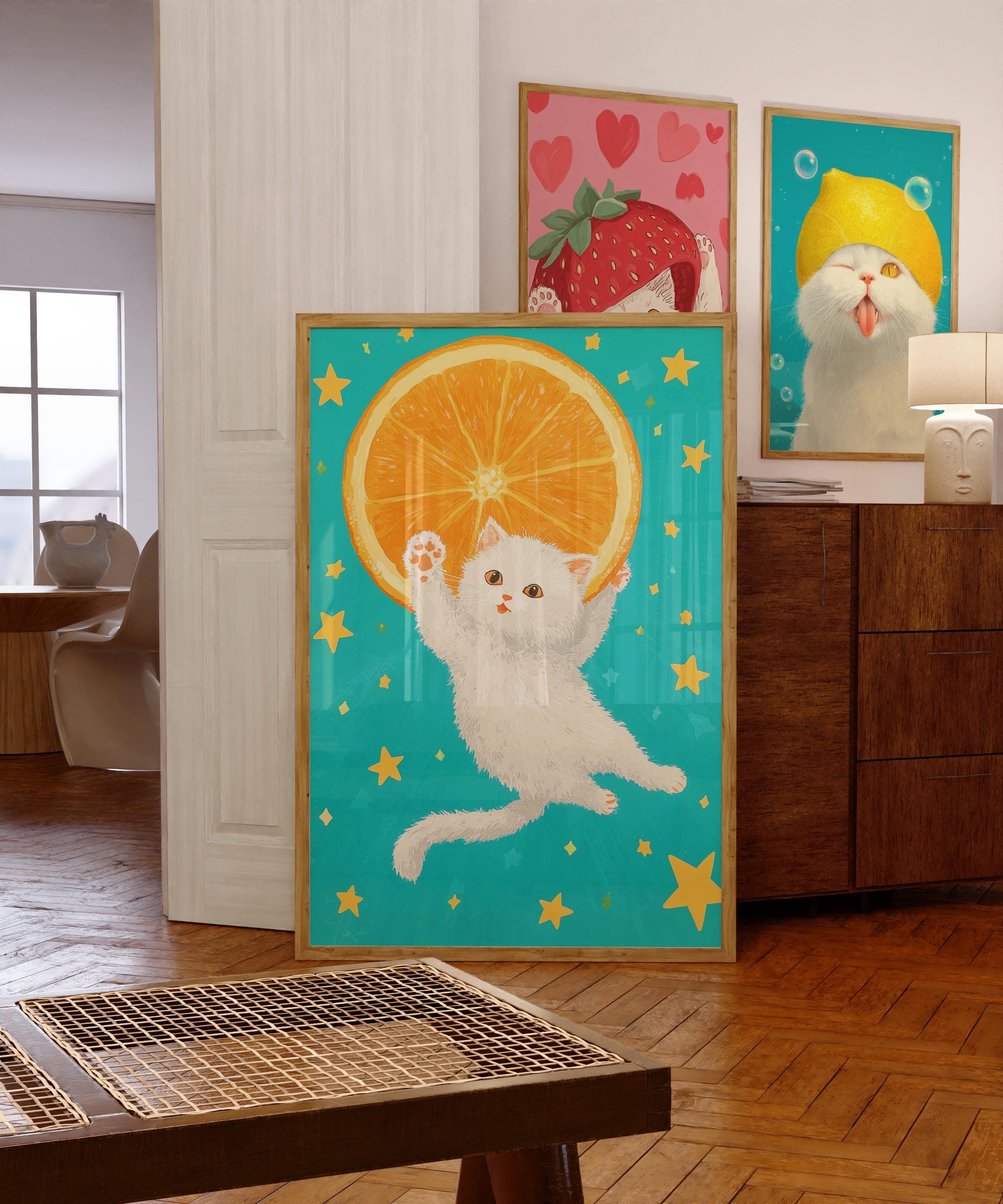 Kawaii White Cat with Orange Slice Wall Print, Whimsical Wall Art, Colorful Cute Kitten Wall Print, Kawaii Starry Sky Wall Art, Digital Art