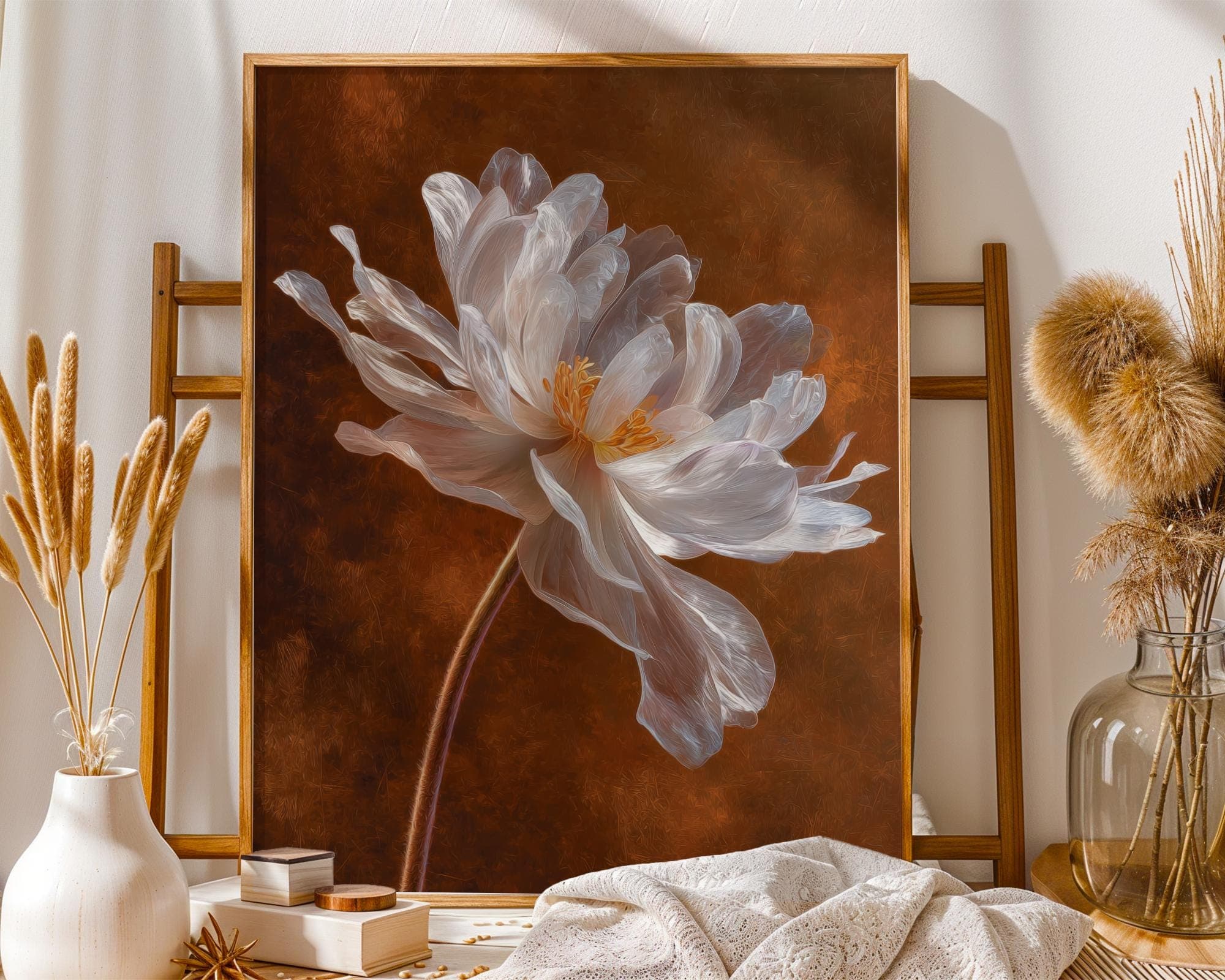 White Peony Flower Wall Art Botanical Painting Print on Burnt Orange Background, White Peony Wall Art, Peony Bloom Art, Botanical Art Print - view 2