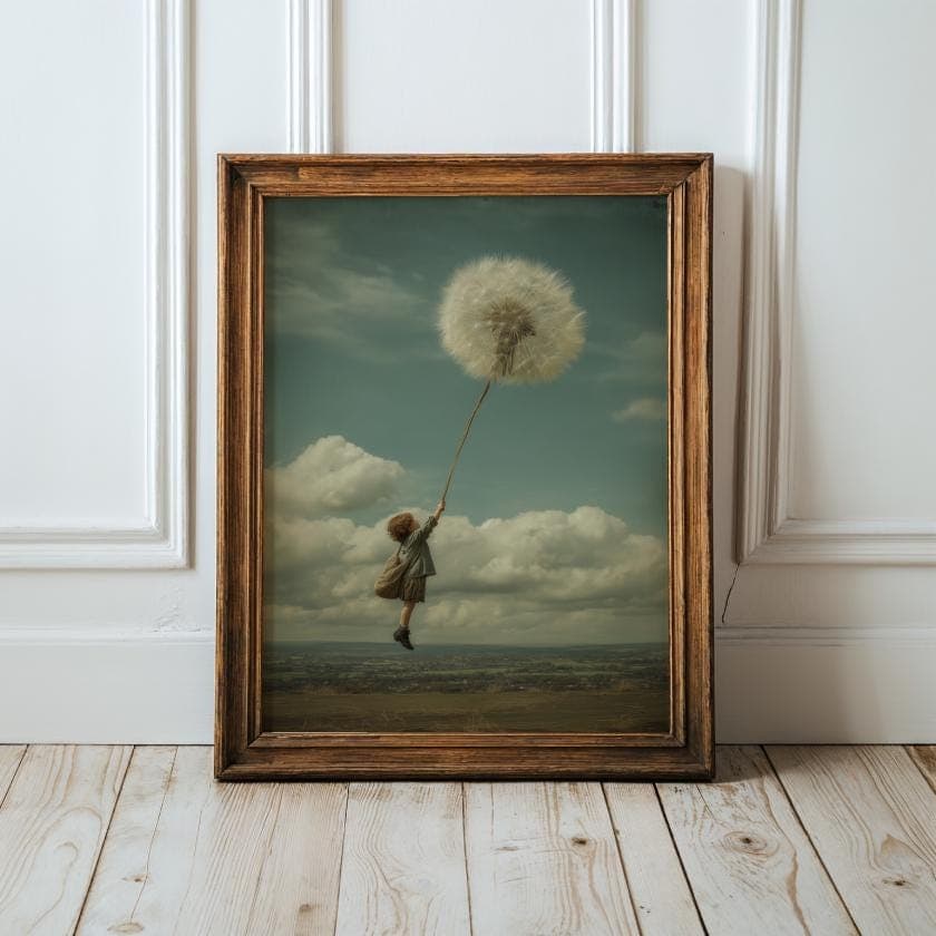 Whimsical Child Holding Giant Dandelion Wall Art, Surreal Flying Fantasy Poster, Surreal Vintage Wall Decor, Digital Download, Surreal Gift
