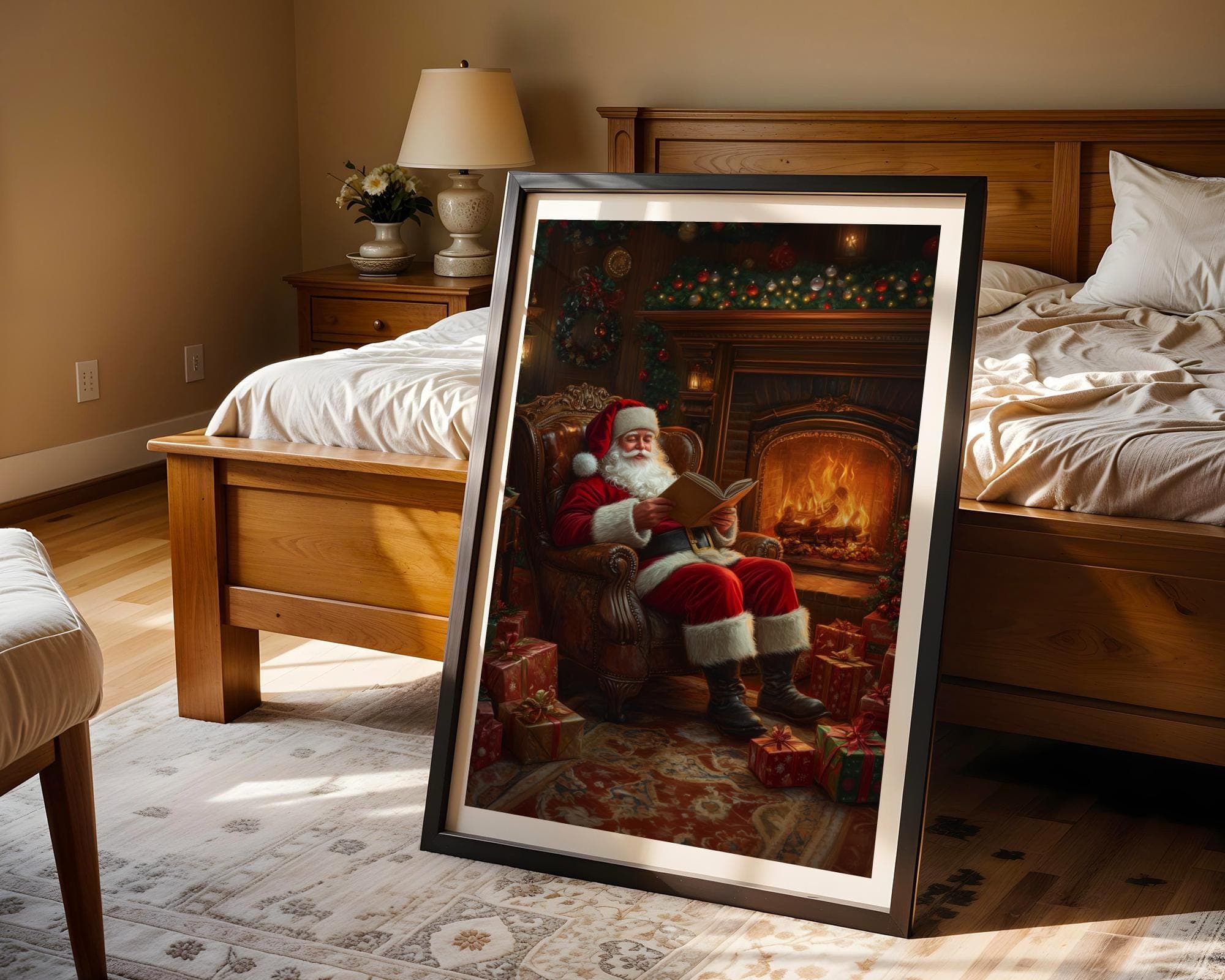 Santa Claus Reading in Cozy Living Room Print, Cozy Christmas Decor, Christmas Wall Art, Rustic Santa Christmas Print, Digital Download - view 3