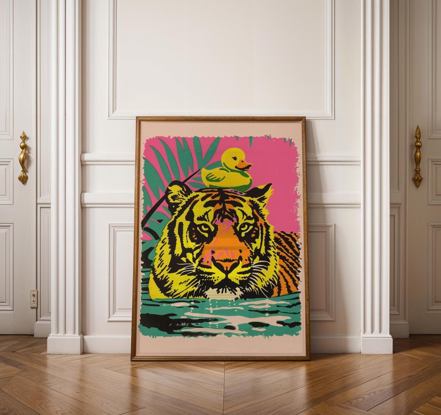 Pop Art Tiger Print with Yellow Duck, Modern Quirky Decor (Digital Download)