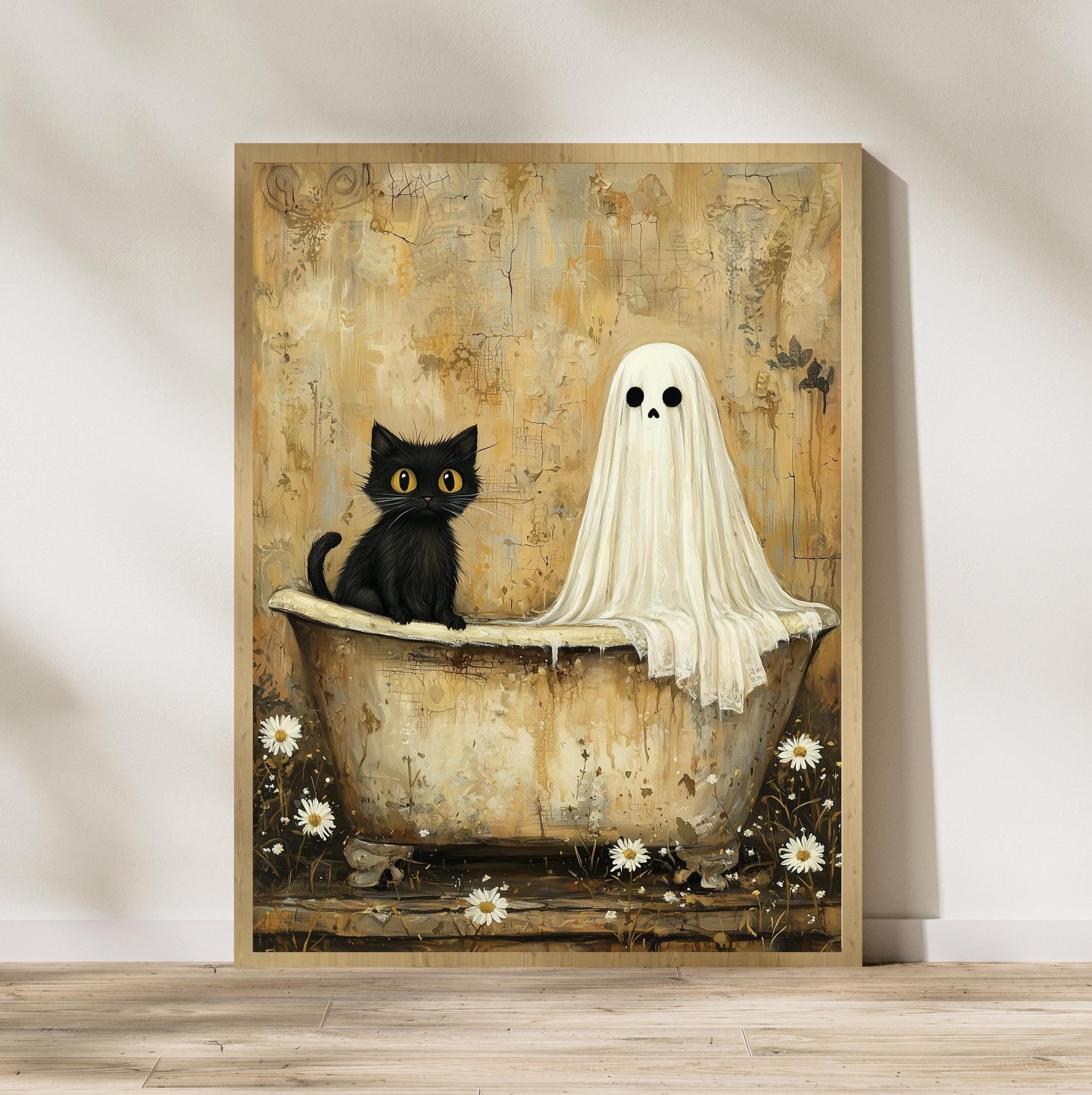 Ghost and black Cat in Bathtub, Spooky Romantic Halloween Art, Black Cat Print, Whimsigoth Bathroom Decor, Whimsical Spooky Digital Print