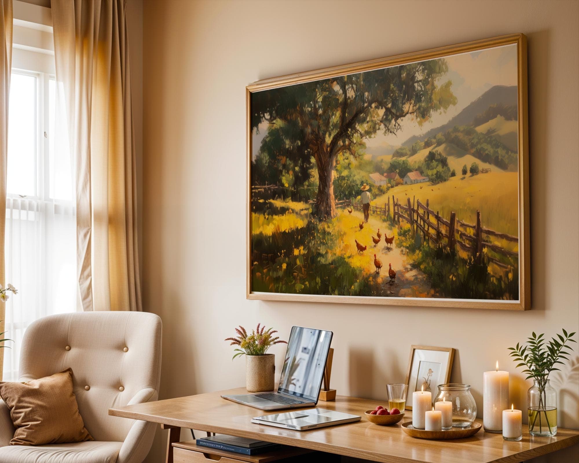 Rustic Farm Landscape Wall Art, Chicken Coop Country Path Painting, Vintage Farmhouse Decor Print with Barns and Golden Fields - view 4