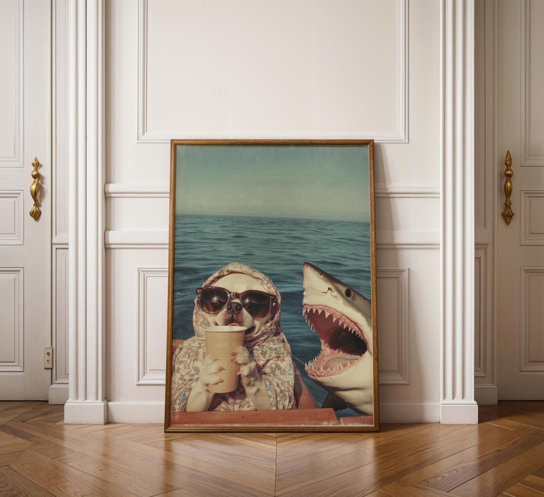 Funny Pug and Shark Wall Art, Funny Animal Art, Quirky Art Print, Quirky Pug Poster, Maximalist Pug Wall Art, Humorous Poster, Digital Art