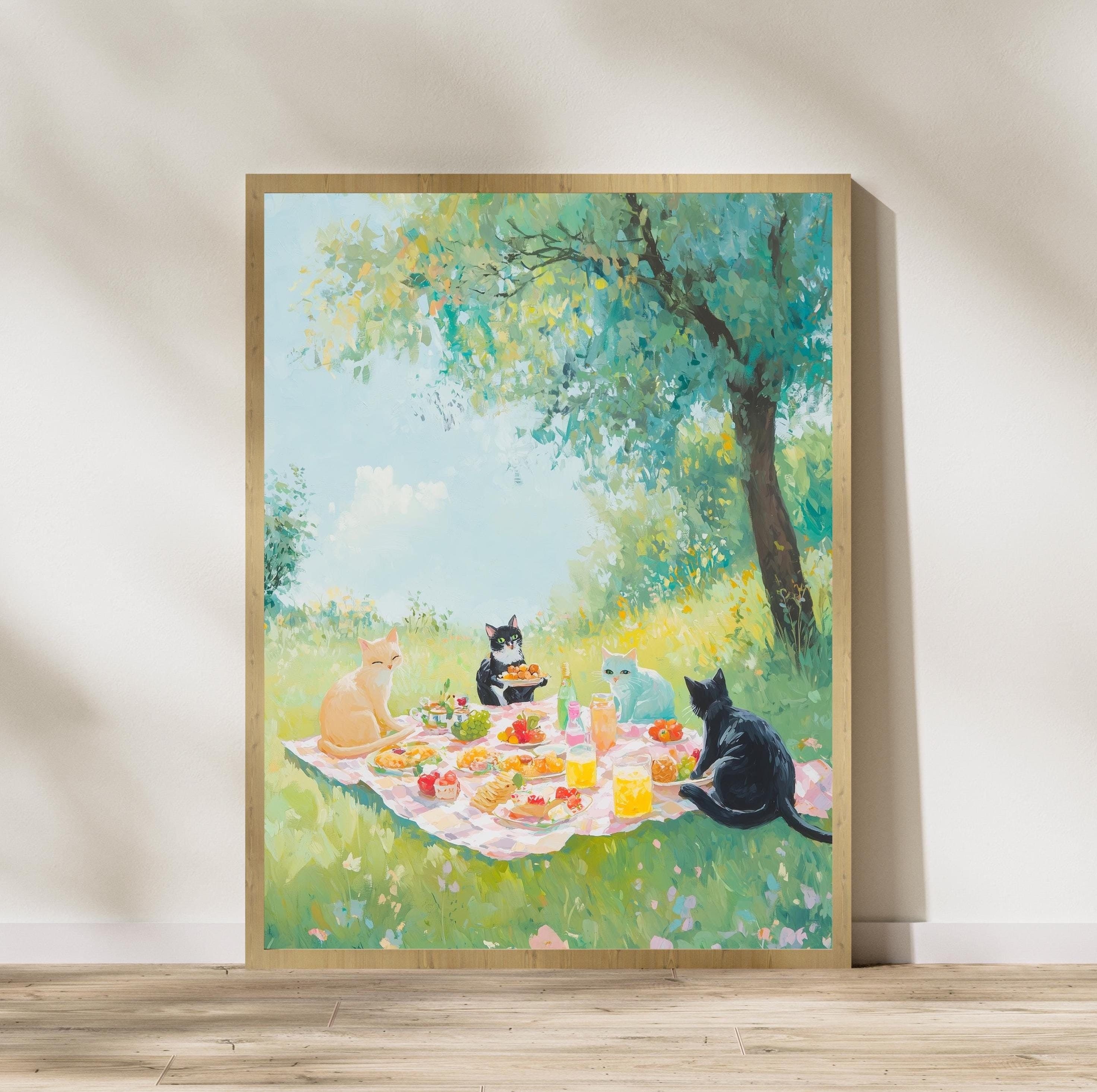 Pastel Cat Picnic Digital Art, Maximalist Dopamine Decor, Colorful Cat Poster, Kitsch Aesthetic Wall Art, Trendy Art, Apartment Decor
