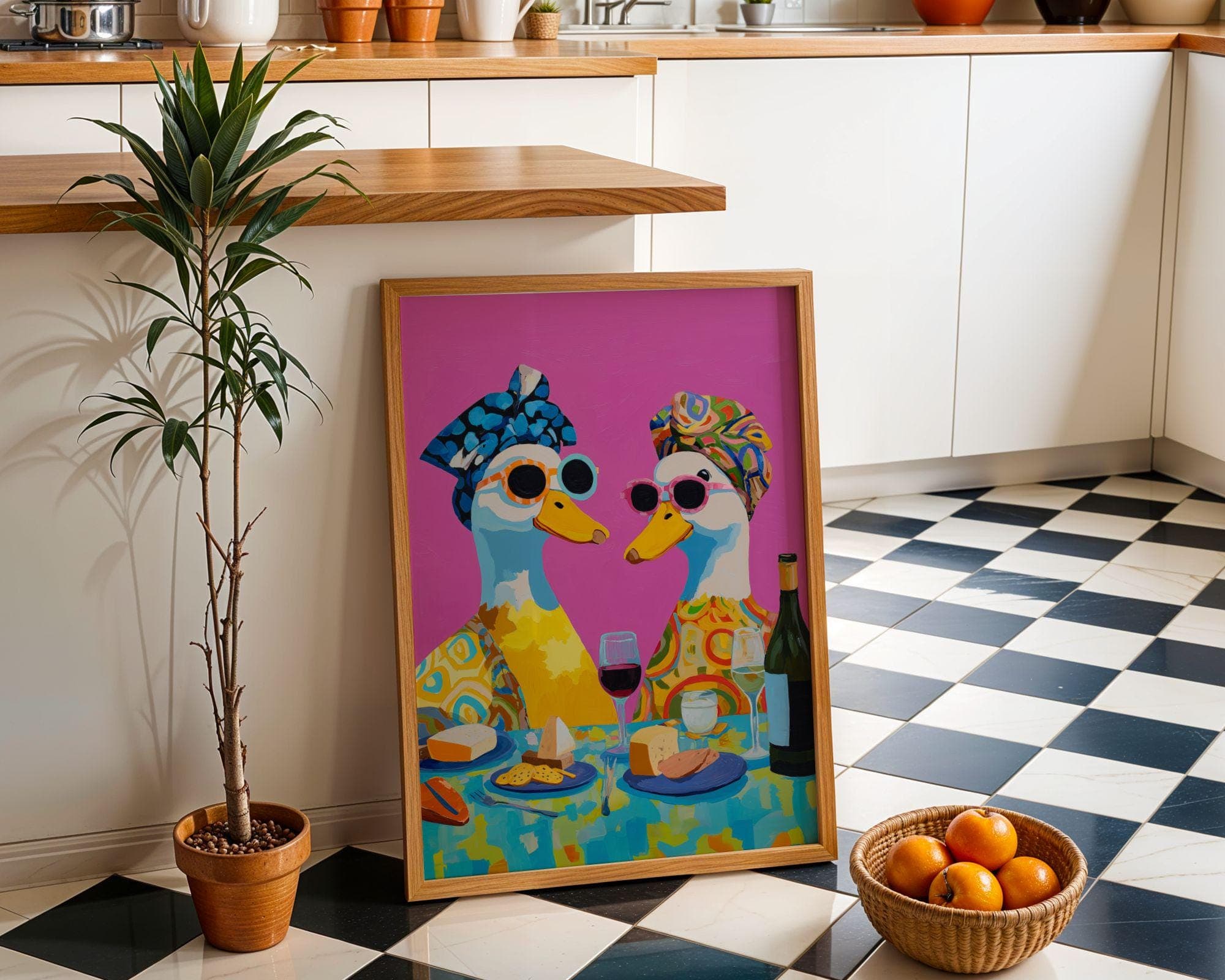 Funny Duck Couple Kitchen Wall Art, Colorful Duck Wine Wall Art, Funny Animal Kitchen Wall Art, Duck Wine Lovers Wall Decor, Quirky Kitchen - view 4