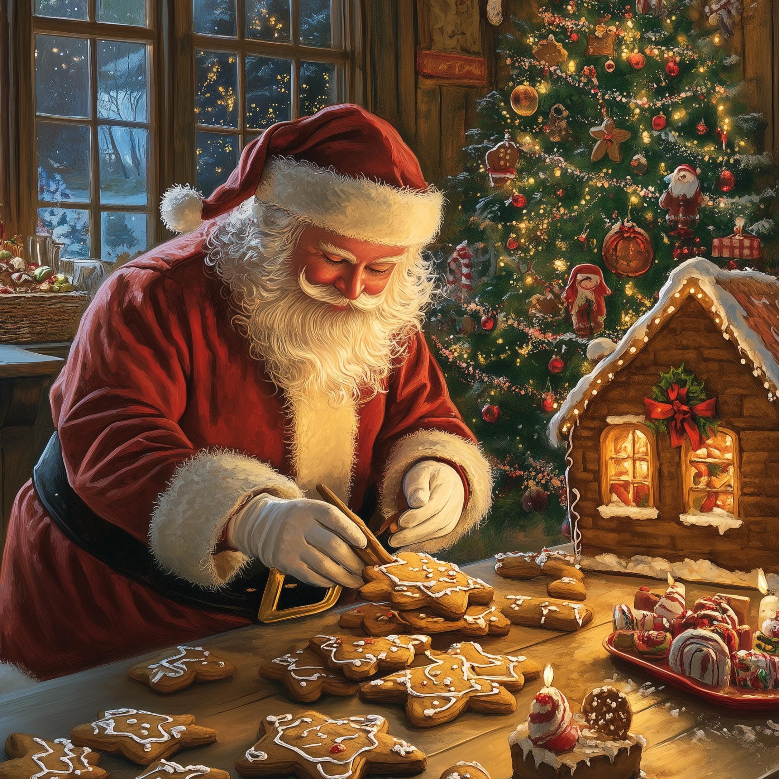 Christmas Gingerbread House and Santa Art Print, Vintage Cozy Christmas Wall Art Print, Printable Kitchen Home Decor, Digital Download - view 2