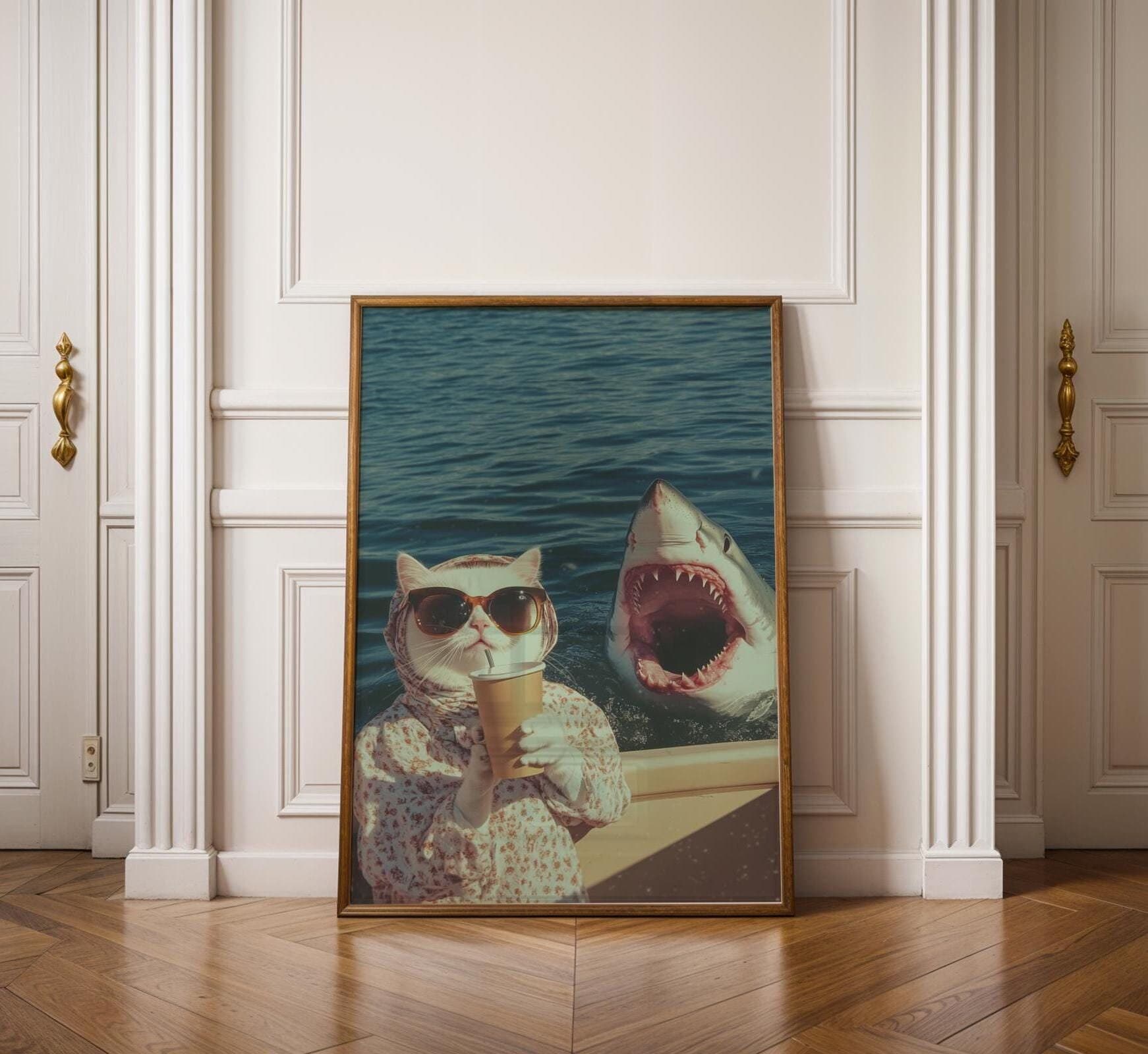 Funny Cat and Shark Wall Art, Funny Animal Art, Quirky Art Print, Quirky Cat Poster, Maximalist Cat Wall Art, Humorous Poster, Digital Art