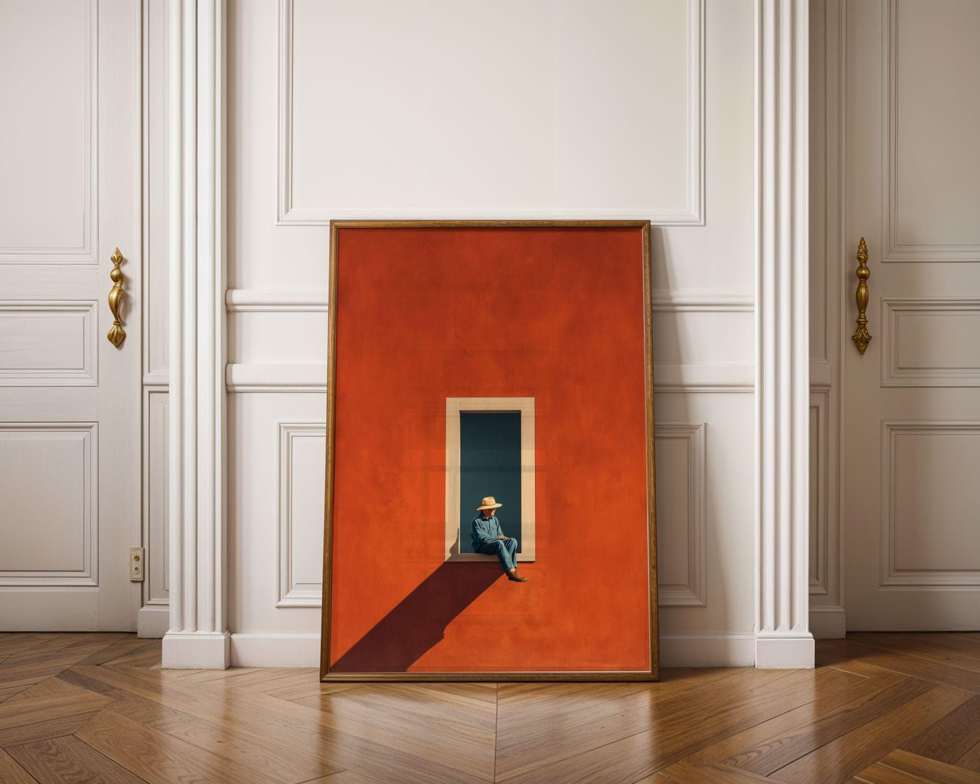 Modern Gallery Print | Man in Window, Terracotta Window Minimal Art Print, Mid-Century Vibe | Minimal Window Art, Orange Wall Decor