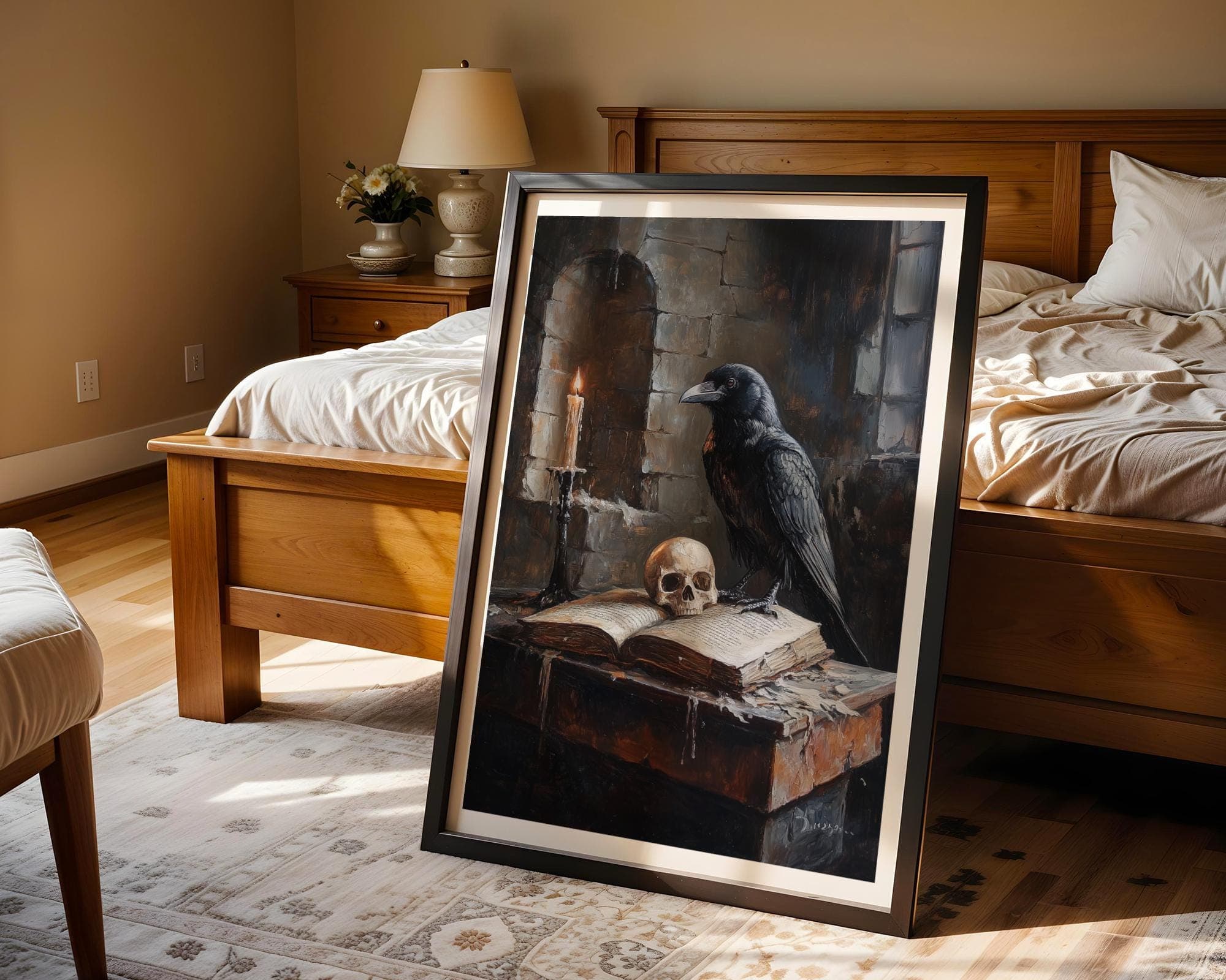 Gothic Raven Skull Grimoire Wall Art, Dark Academia Candle Book Painting, Witchcore Occult Decor Print, Macabre Candlelit Raven Art Print - view 3
