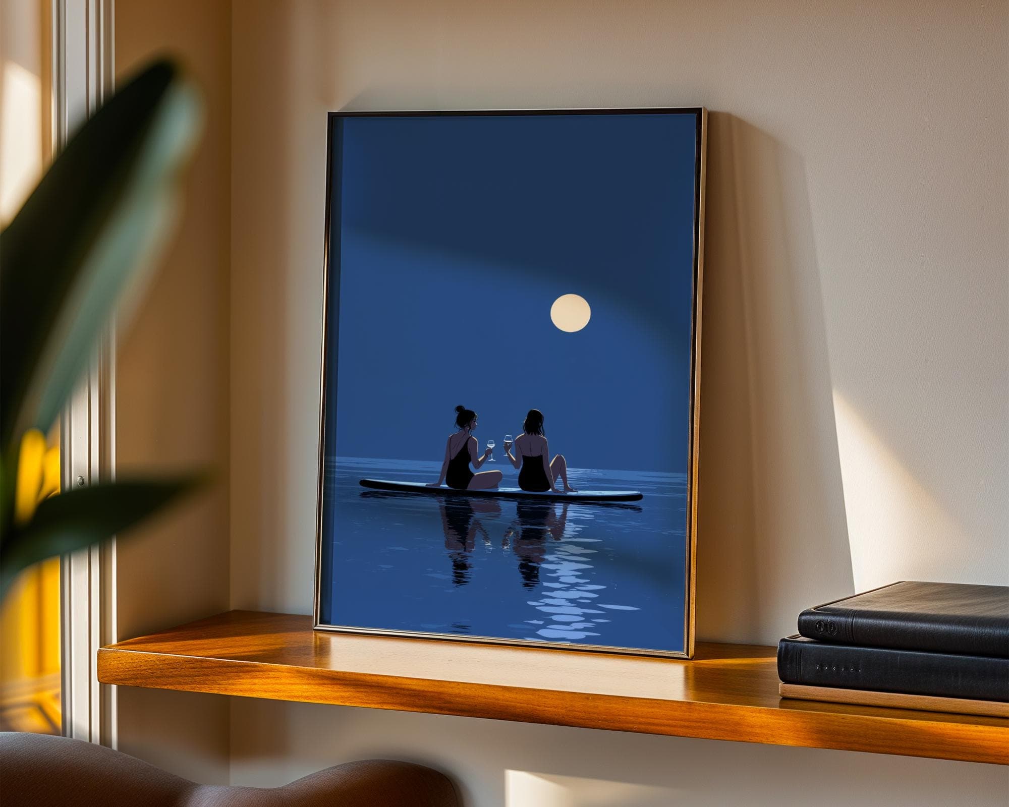 Moonlight Paddle Board Wall Art, Friendship Ocean Night Print, Romantic Full Moon Poster, Full Moon Beach Art Print,Blue Coastal Night Print - view 2