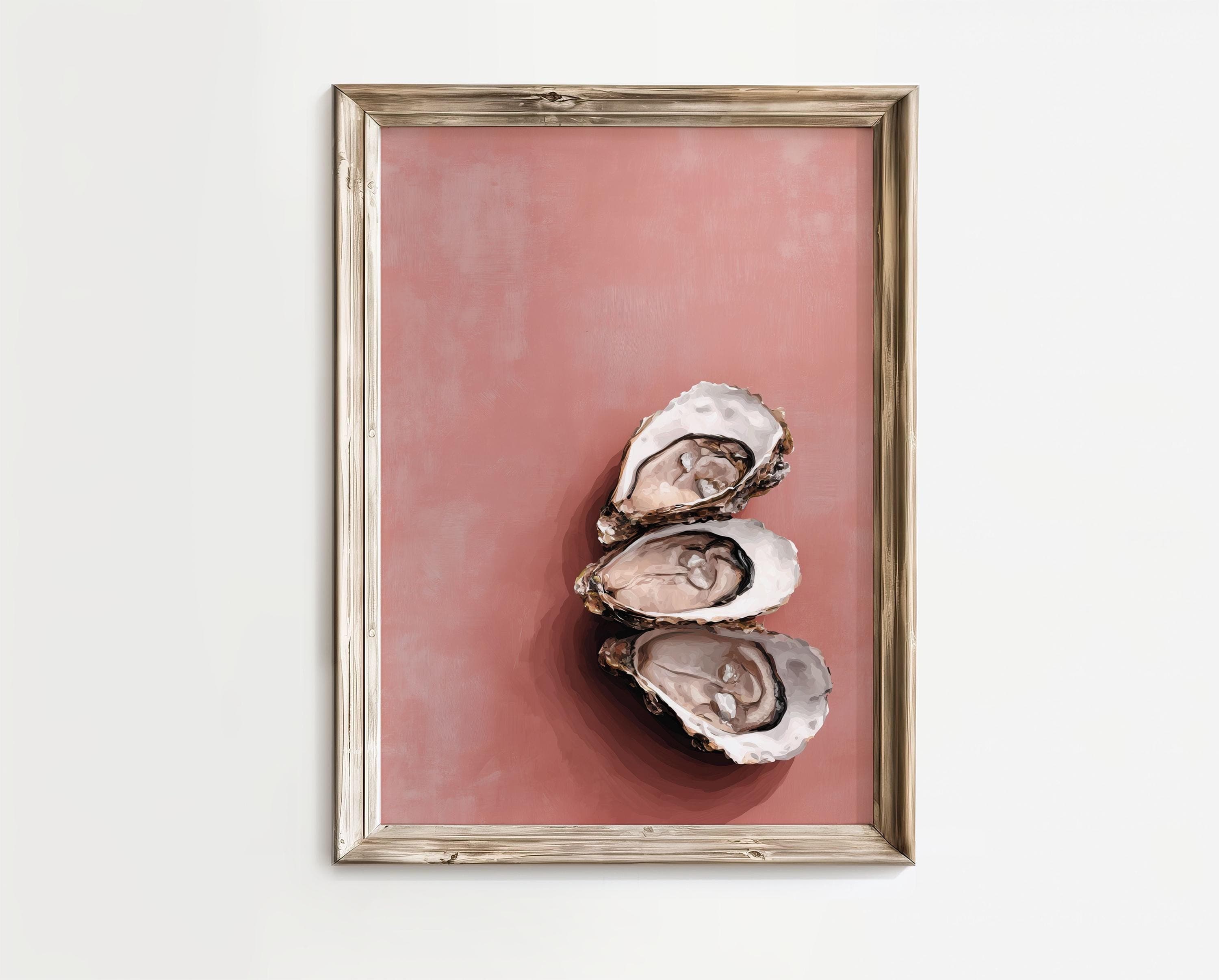 Oyster Wall Art Print, Pink Coastal Kitchen Decor, Pink Oyster Painting, Seafood Wall Art, Beach House Dining Room Decor, Oyster Still Life - view 10