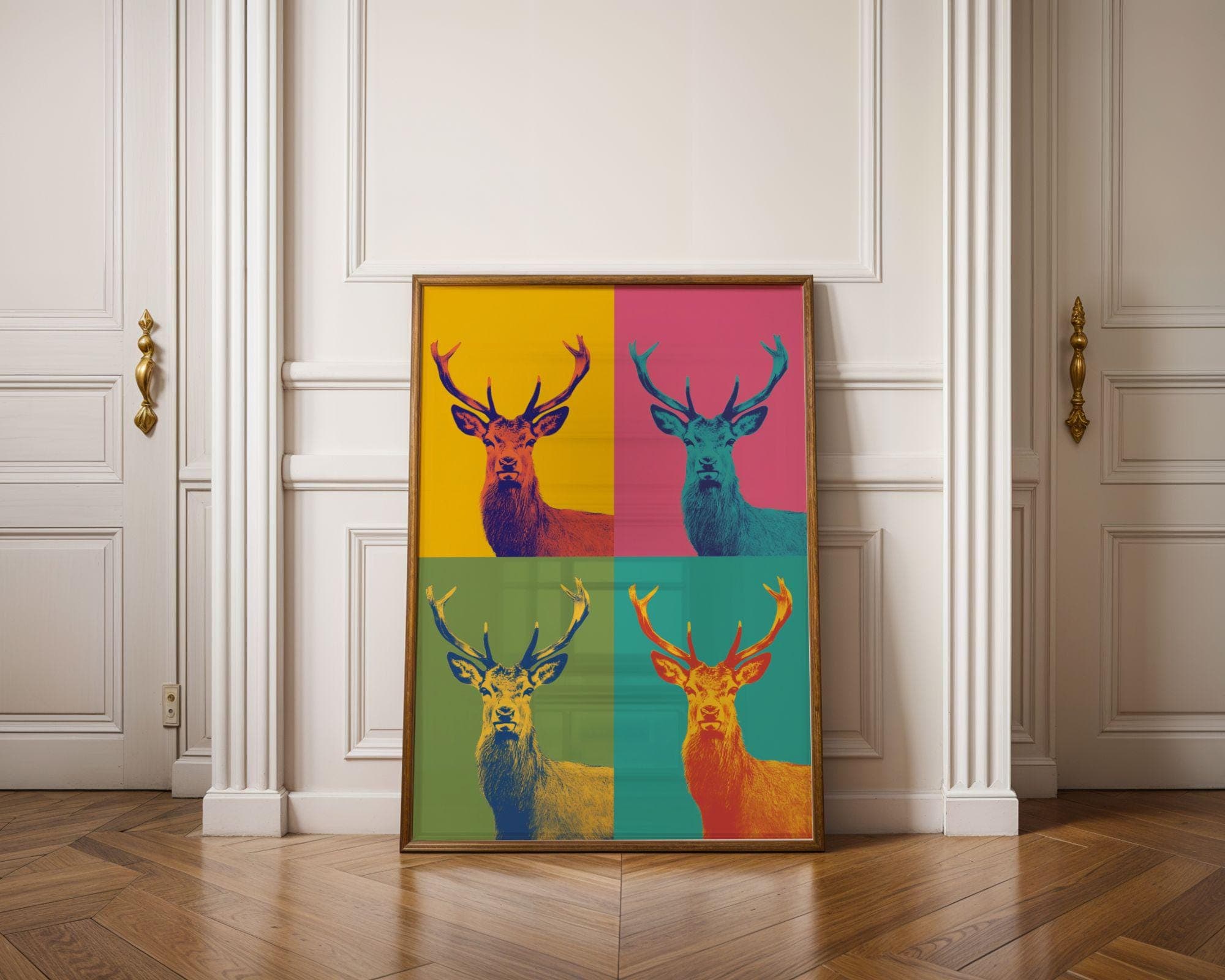 Pop Art Deer Quad | Colorful Stag Wall Art, Pop Art Deer Wall Art, Bold Stag Wall Art, Retro Deer Wall Art – Funky Pop Animal Poster