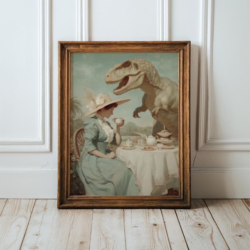 Quirky Victorian Woman with Dinosaur Wall Print, Whimsical Dinosaur Wall Decor, Vintage Surreal Wall Art, Quirky Dinosaur Wall Art, Surreal