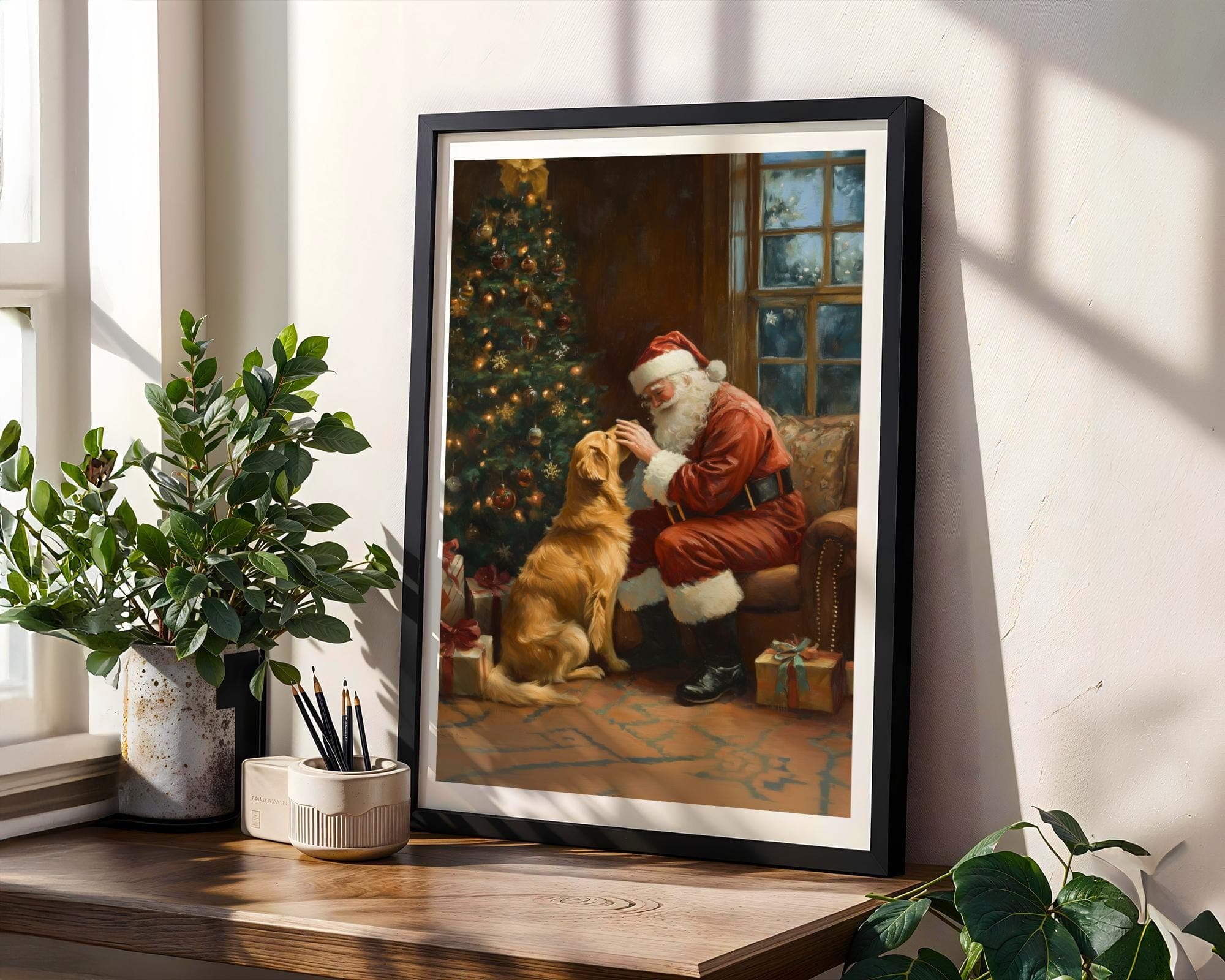 Santa and Golden Retriever - Cozy Christmas Wall Art Print, Warm Holiday Wall Art Print, Golden Retriever Christmas Art, Digital Download - view 3