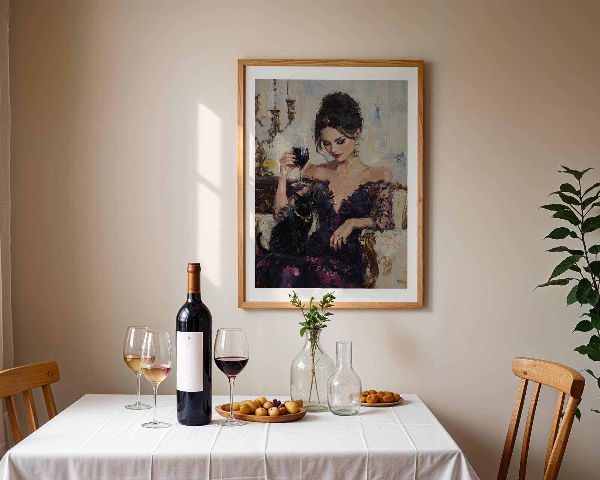 Classic Cat and Woman Art, Oil Painting Digital Art, Chic Lady with Black Cat Art, Vintage Glam Wall Art, Decorative Wall Art, Wine Poster - view 5