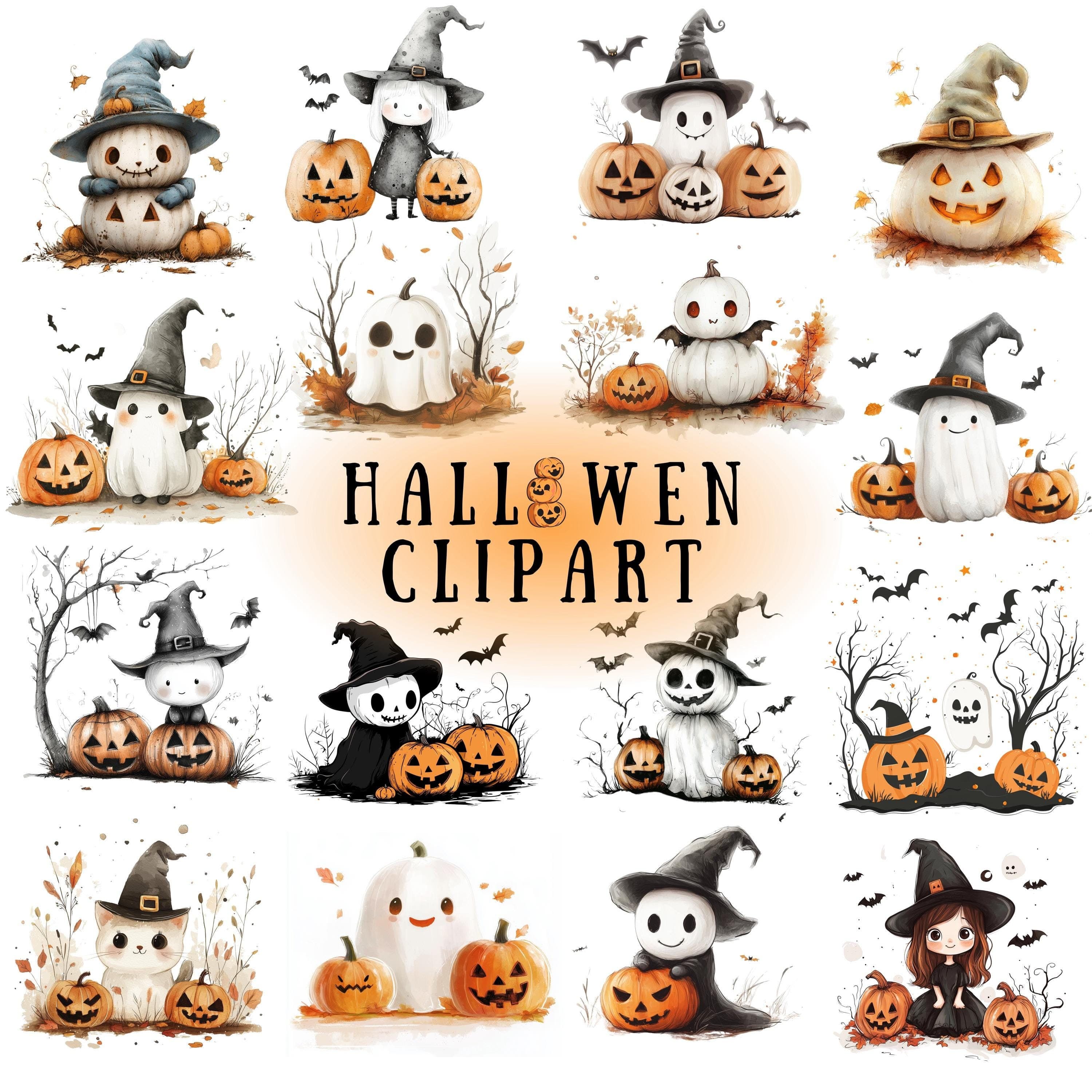 Watercolor Cute Halloween Collection Clipart, 16 PNG Halloween Clipart, Spooky Clipart, Happy Halloween Clipart, Pumpkin PNG, Commercial Use