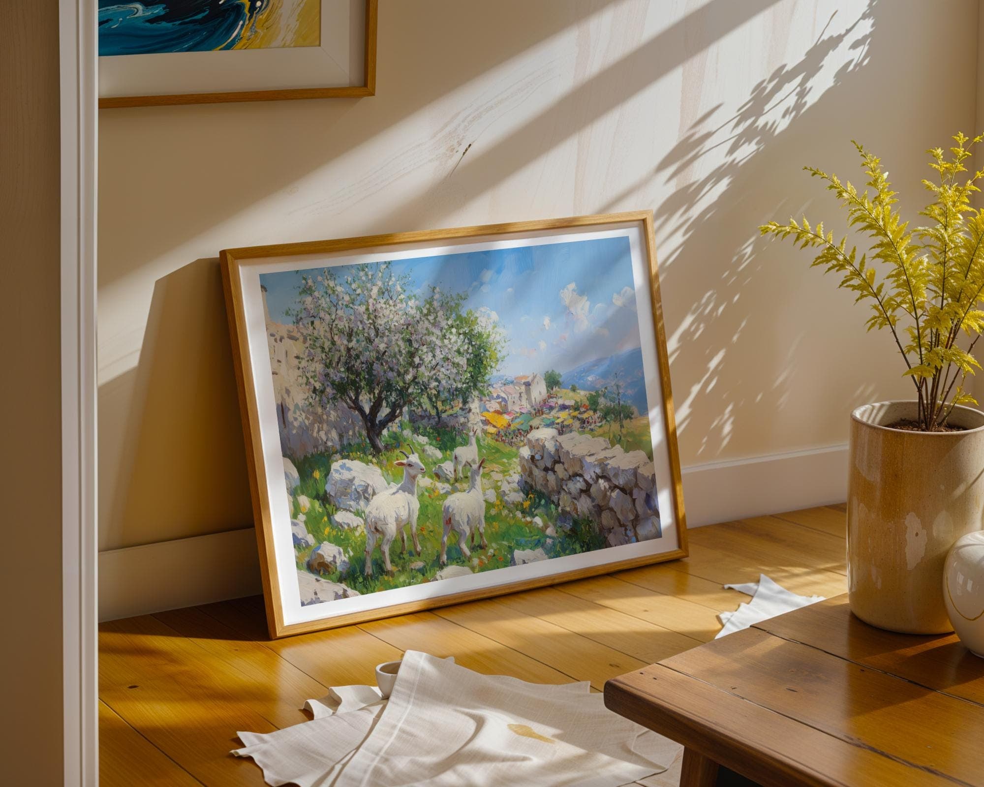 Spring Goat Pasture Wall Art Print, Mediterranean Village Market Landscape Painting, Blooming Tree Countryside Decor, Blooming Orchard Print - view 8