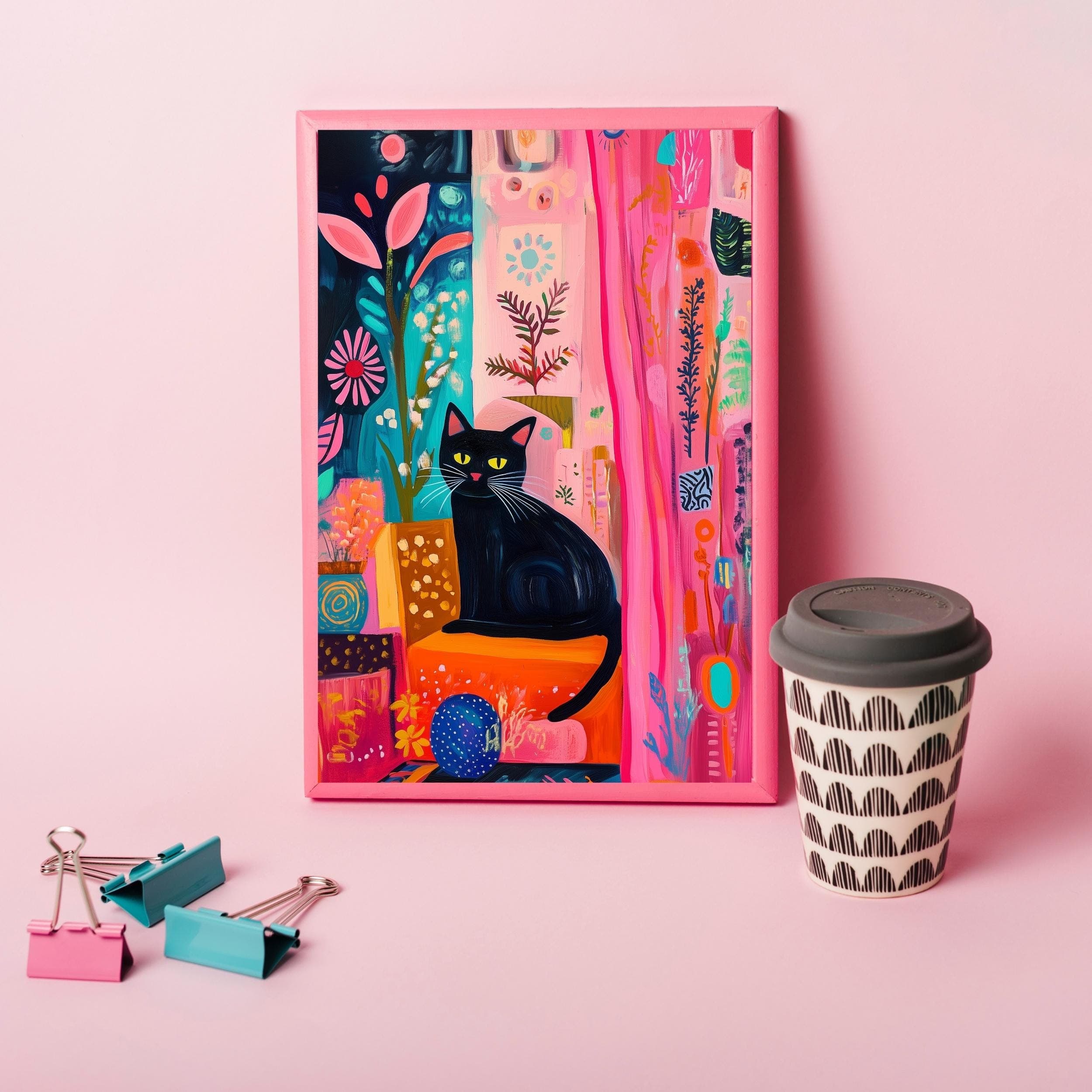 Black Cat with Bright Florals Poster, Pink and Teal Art Print, Colorful Black Cat Art, Preppy Room Decor, Abstract Black Cat Poster - view 5