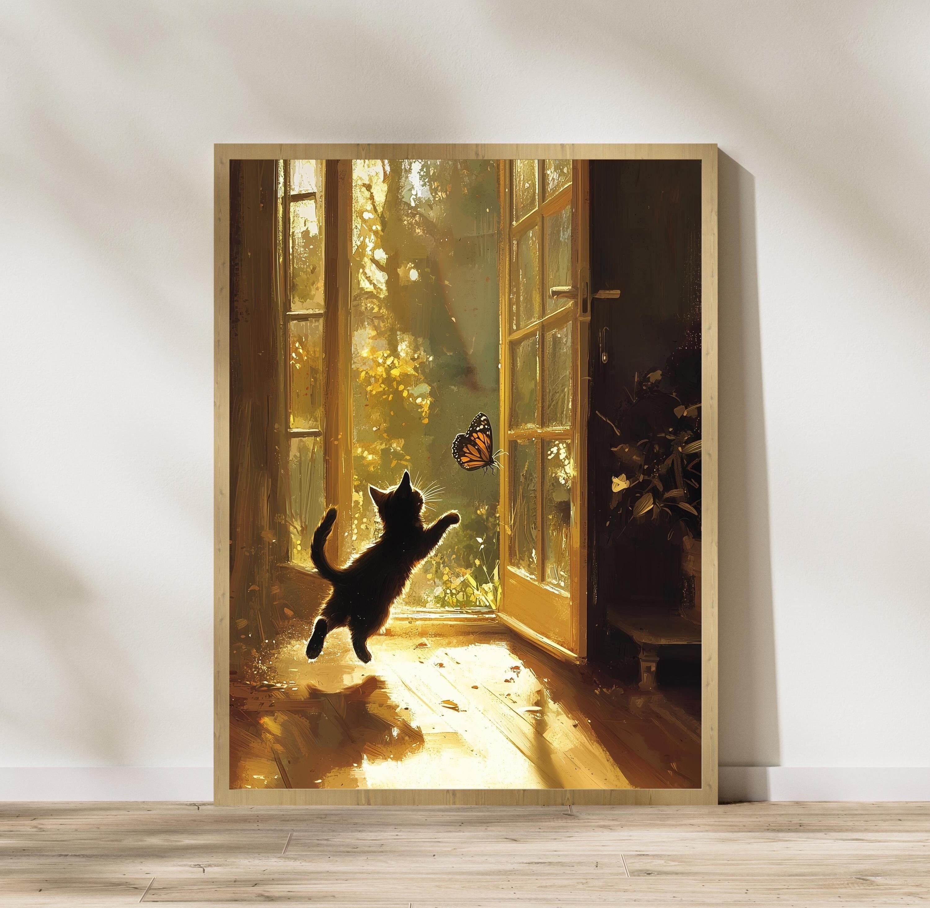 Whimsical Kids Wall Art, Black Cat in Sunlight, Butterfly Wall Art for Kids, Whimsical Black Kitten and Butterfly Art, Kids Room Decor
