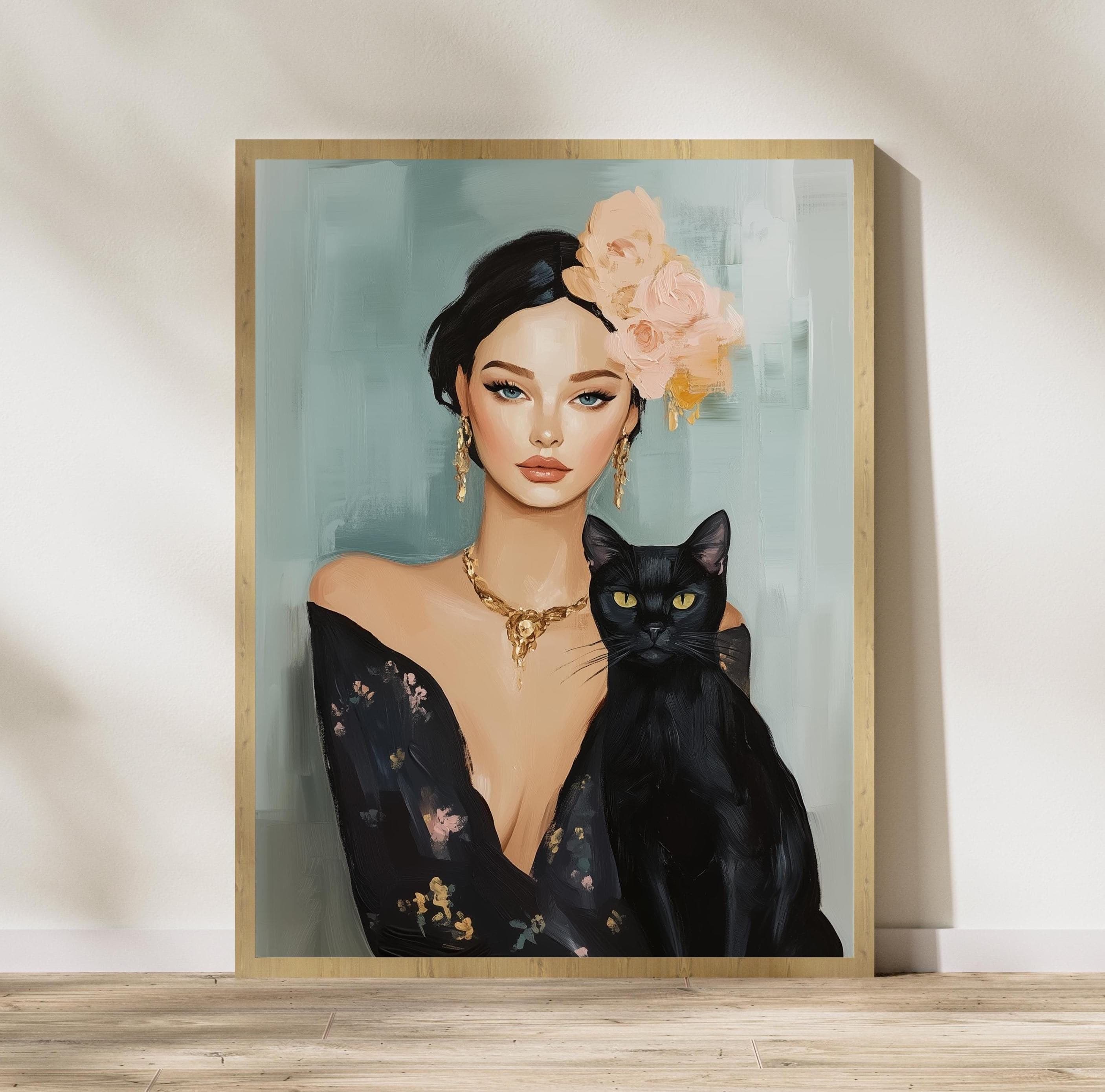 Chic Woman and Cat Portrait - Artistic Feminine Digital Painting, Vintage Aesthetic Woman and Cat Art, Earthy Tones Digital Painting Poster