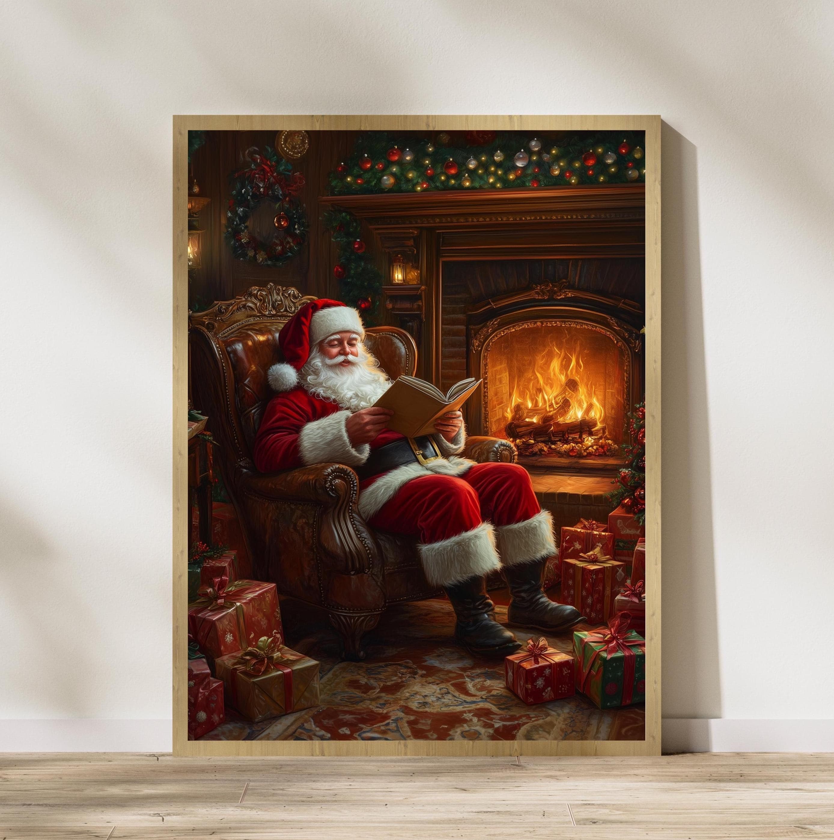 Santa Claus Reading in Cozy Living Room Print, Cozy Christmas Decor, Christmas Wall Art, Rustic Santa Christmas Print, Digital Download
