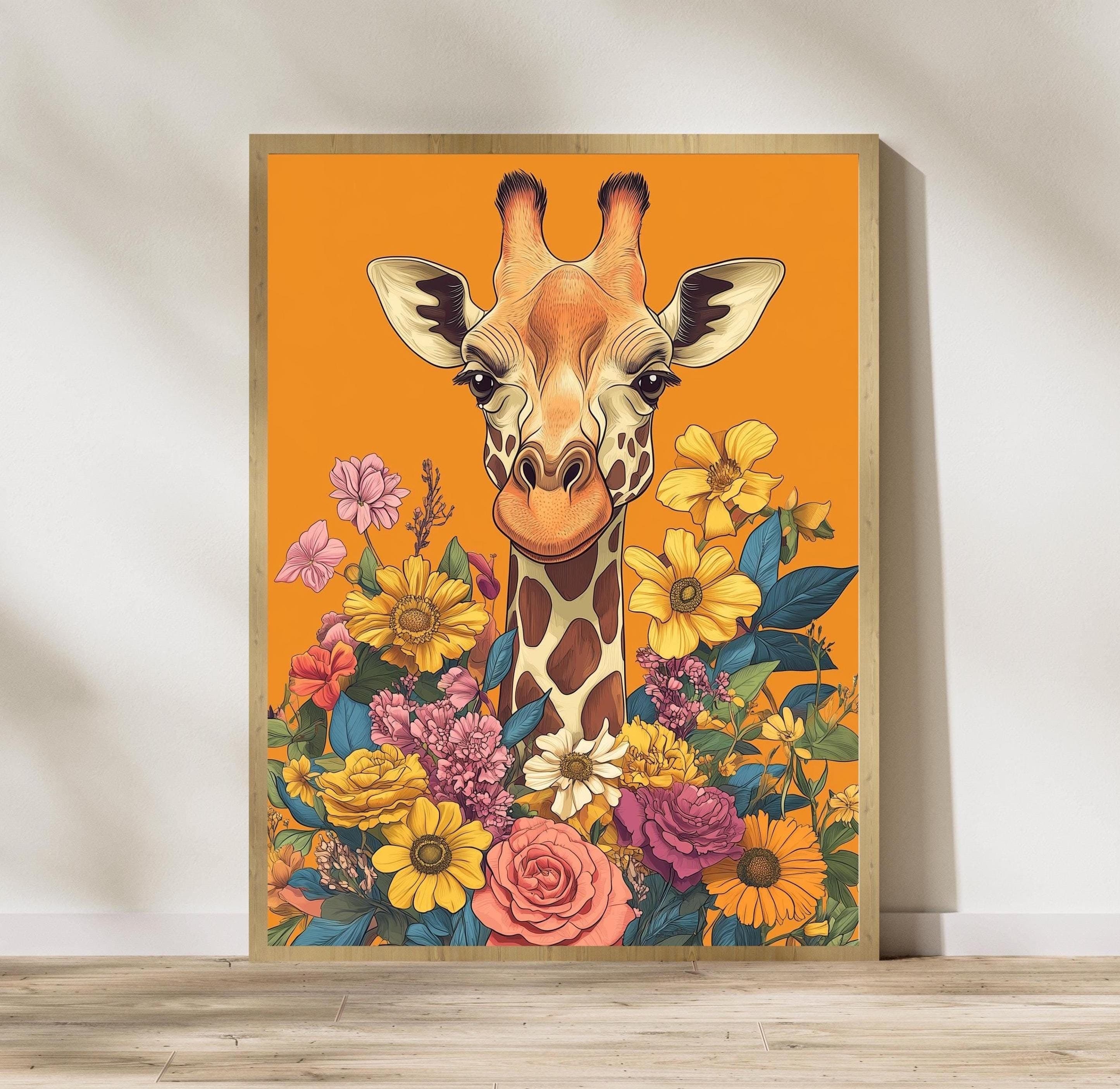 Printable Giraffe Wall Art, Eclectic Giraffe Art Print, Maximalist Home Decor, Giraffe Art, Botanical Giraffe Paint, Orange Giraffe Wall Art