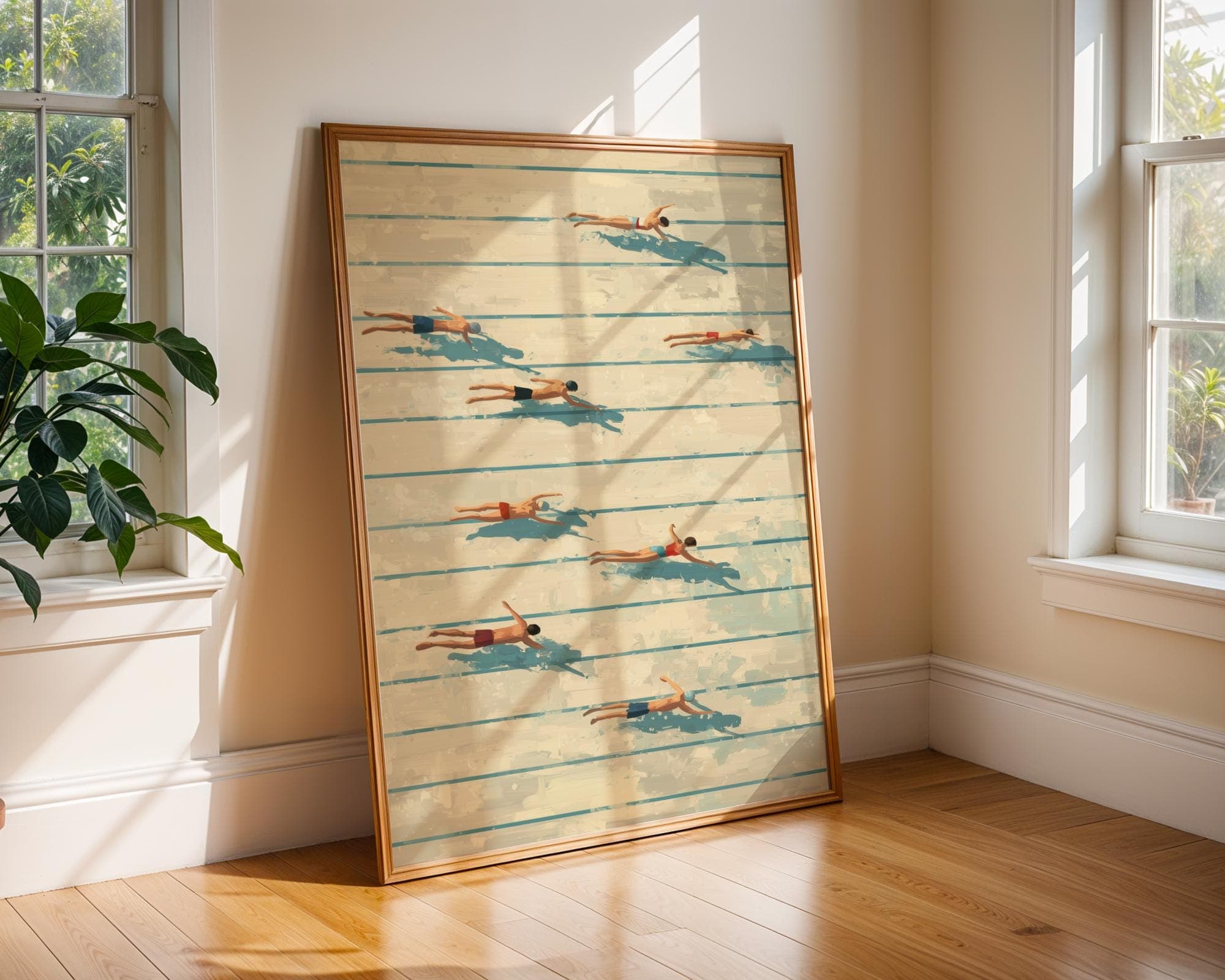 Swimming Pool Aerial Art ā Minimalist Summer Swimmers Illustration Print, Retro Pool Swimmers Print, Digital Download, Aerial Swim Wall Art - view 7