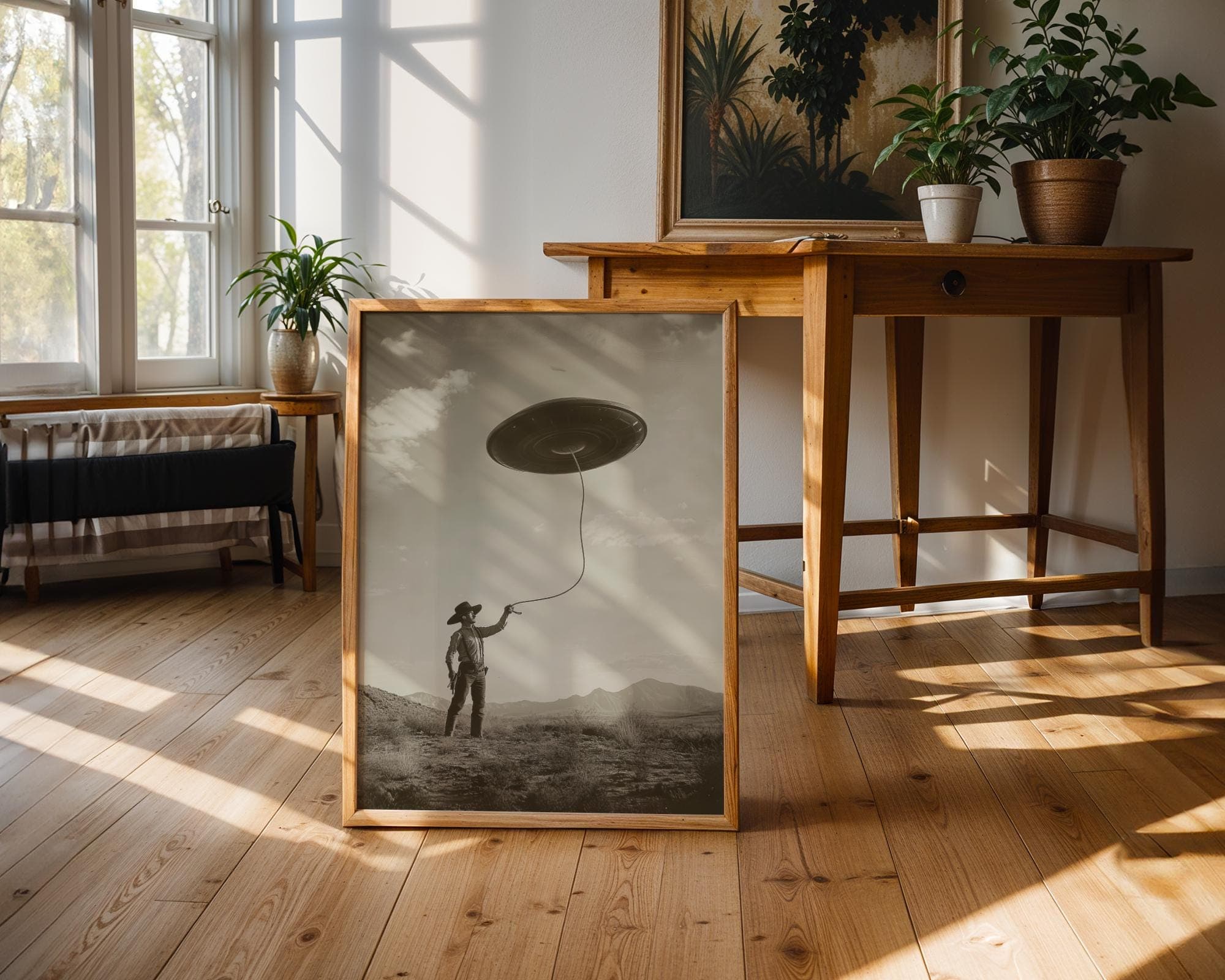 Western Sci‑Fi Cowboy UFO Decor, Surreal Desert UFO Poster, Bedroom Pop of Quirk, Sci-Fi Cowboy, Whimsical Wild West Alien Art Print - view 6