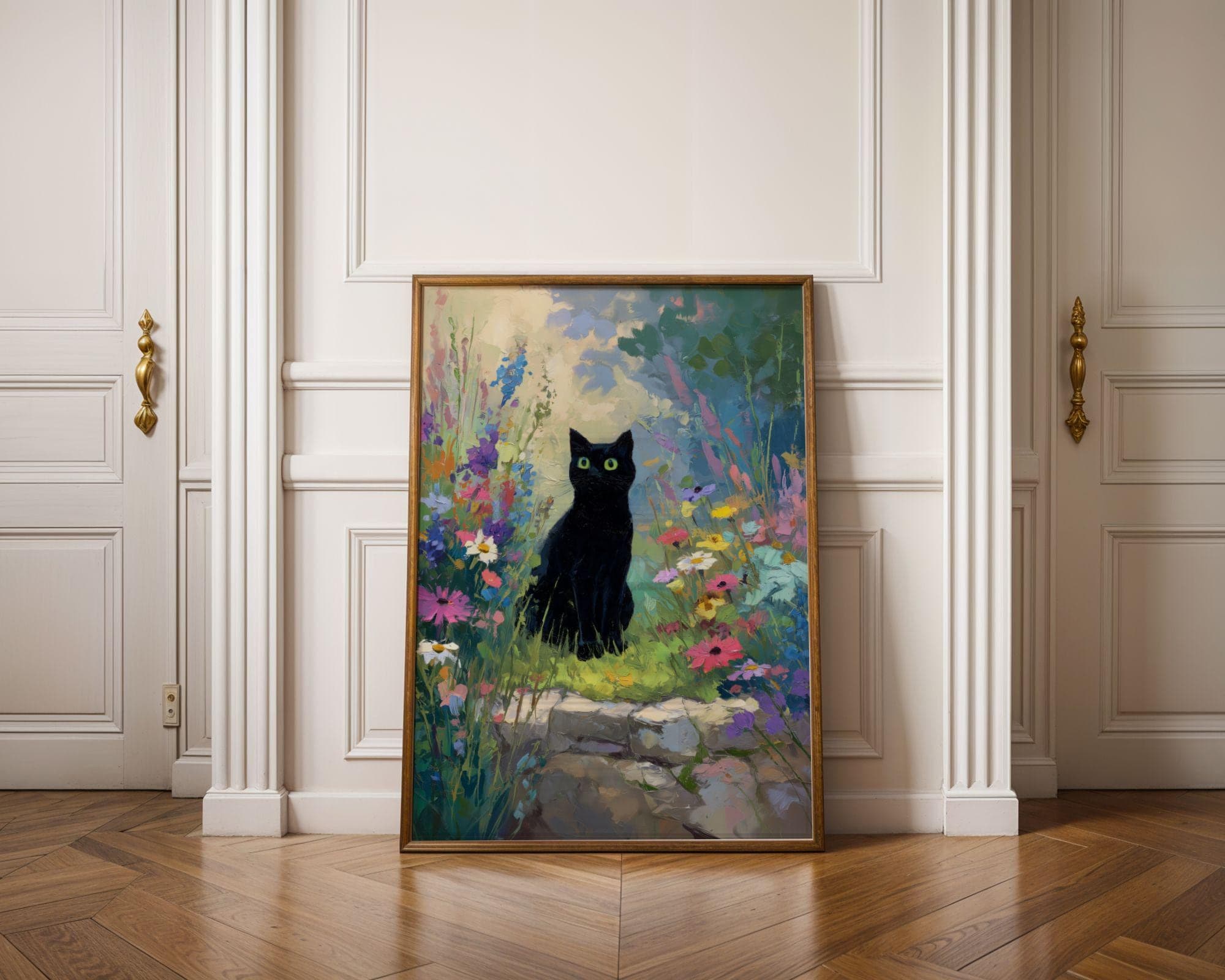 Black Cat in Wildflower Garden Wall Art, Whimsical Black Cat Poster, OilPaint Print, Colorful Floral Decor, Black Cat Aesthetic,Charming Cat