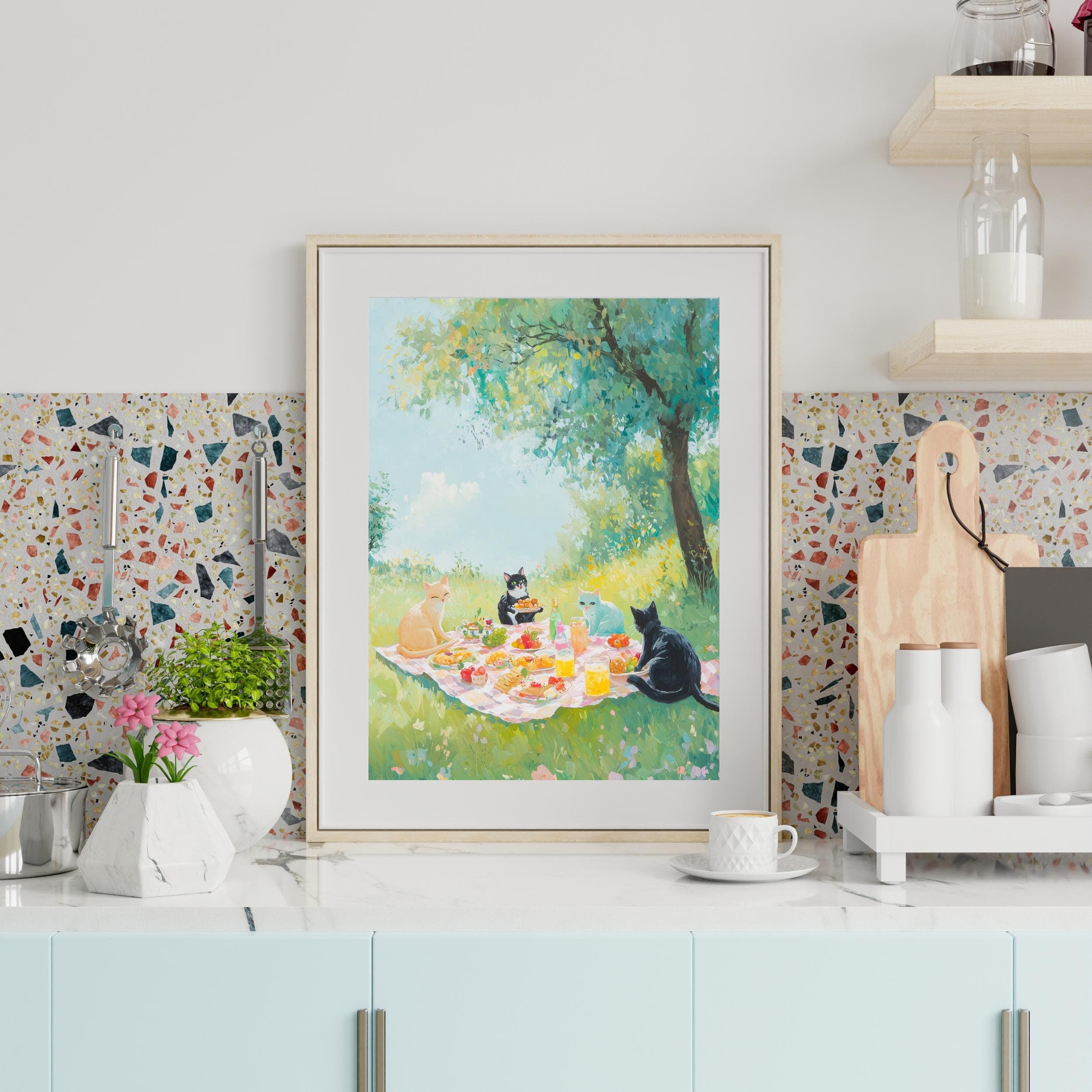 Pastel Cat Picnic Digital Art, Maximalist Dopamine Decor, Colorful Cat Poster, Kitsch Aesthetic Wall Art, Trendy Art, Apartment Decor - view 3