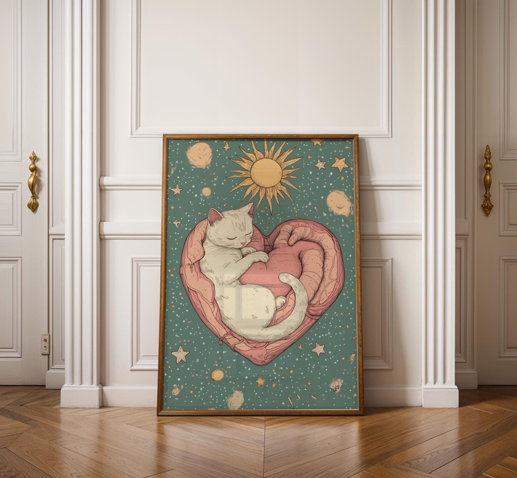 Celestial Cat Poster, Sun, Moon, and Cat Print, Celestial Art Print, Whimsical Starry Illustration, Digital Download, Printable Cat Poster