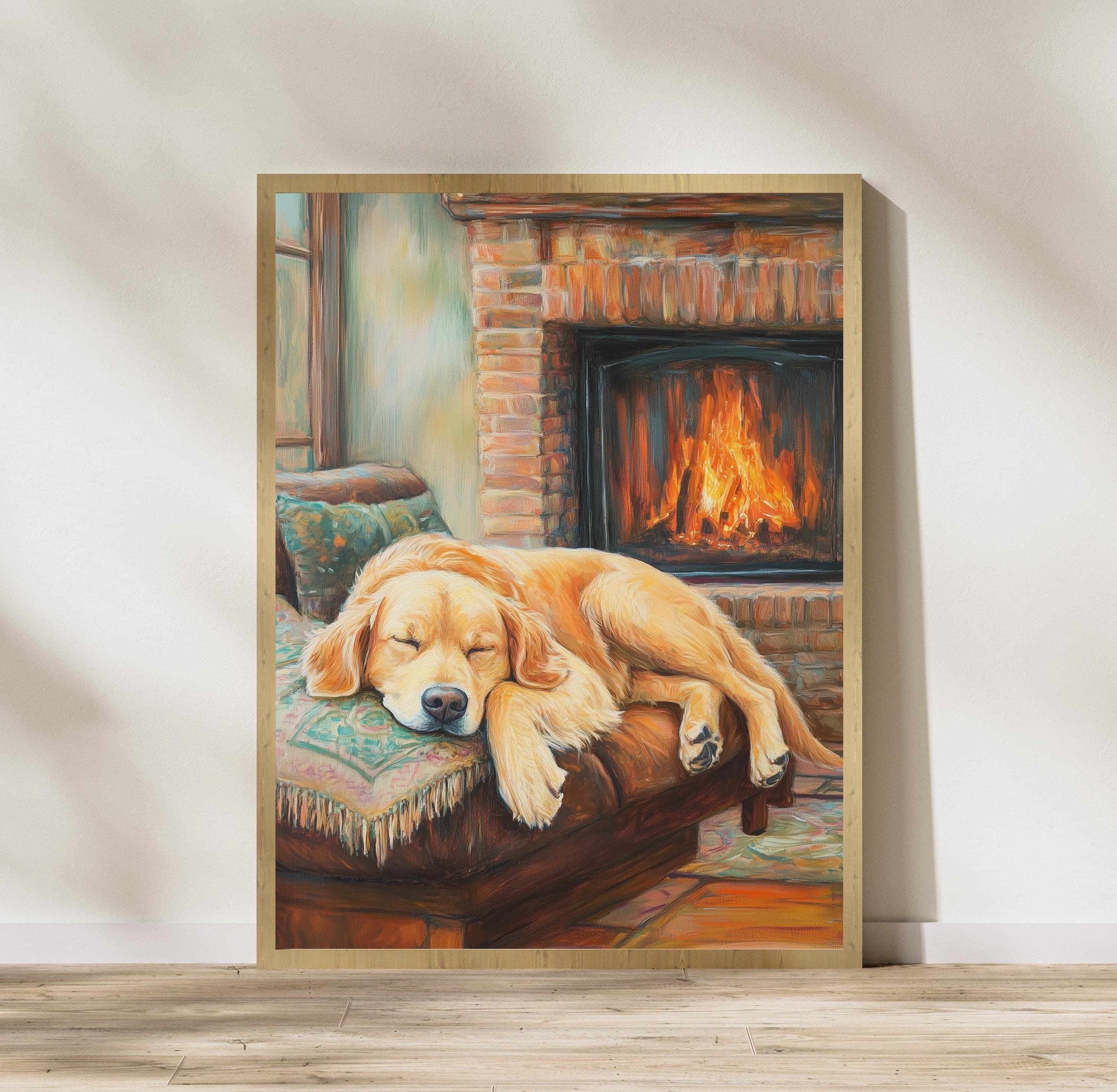 Cozy Golden Retriever by the Fireplace | Warm Pastel Painting for Home Decor, Colorful Dog Print, Warm Wall Decor, Digital Dog Poster