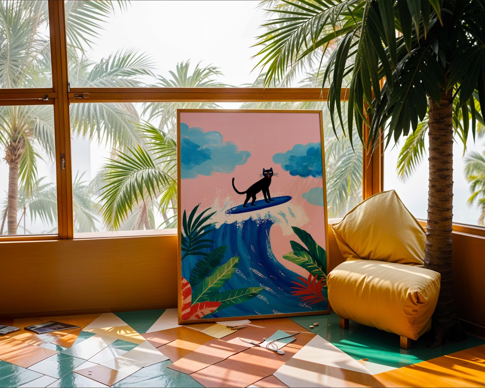 Surfing Black Cat Print – Tropical Pop Art Poster, Funny Surf Cat Wall Art, Tropical Coastal Decor, Modern Beach Art, Quirky Cat Poster - view 3