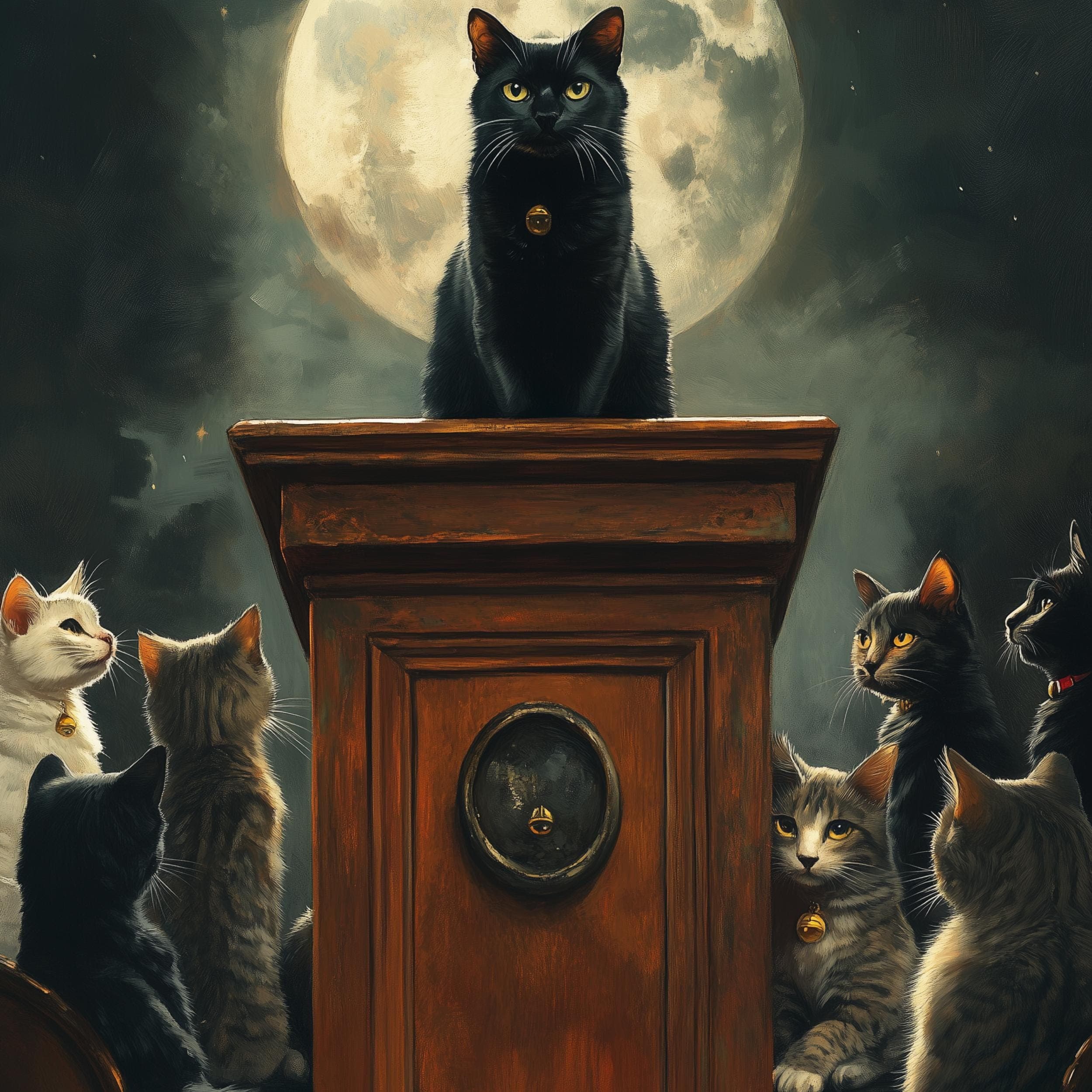 Full Moon Cat Illustration, Whimsical Cat Gathering Art, Black Cat and Moon Poster, Black Cat Leader Poster, Mysterious Black Cat Poster - view 2