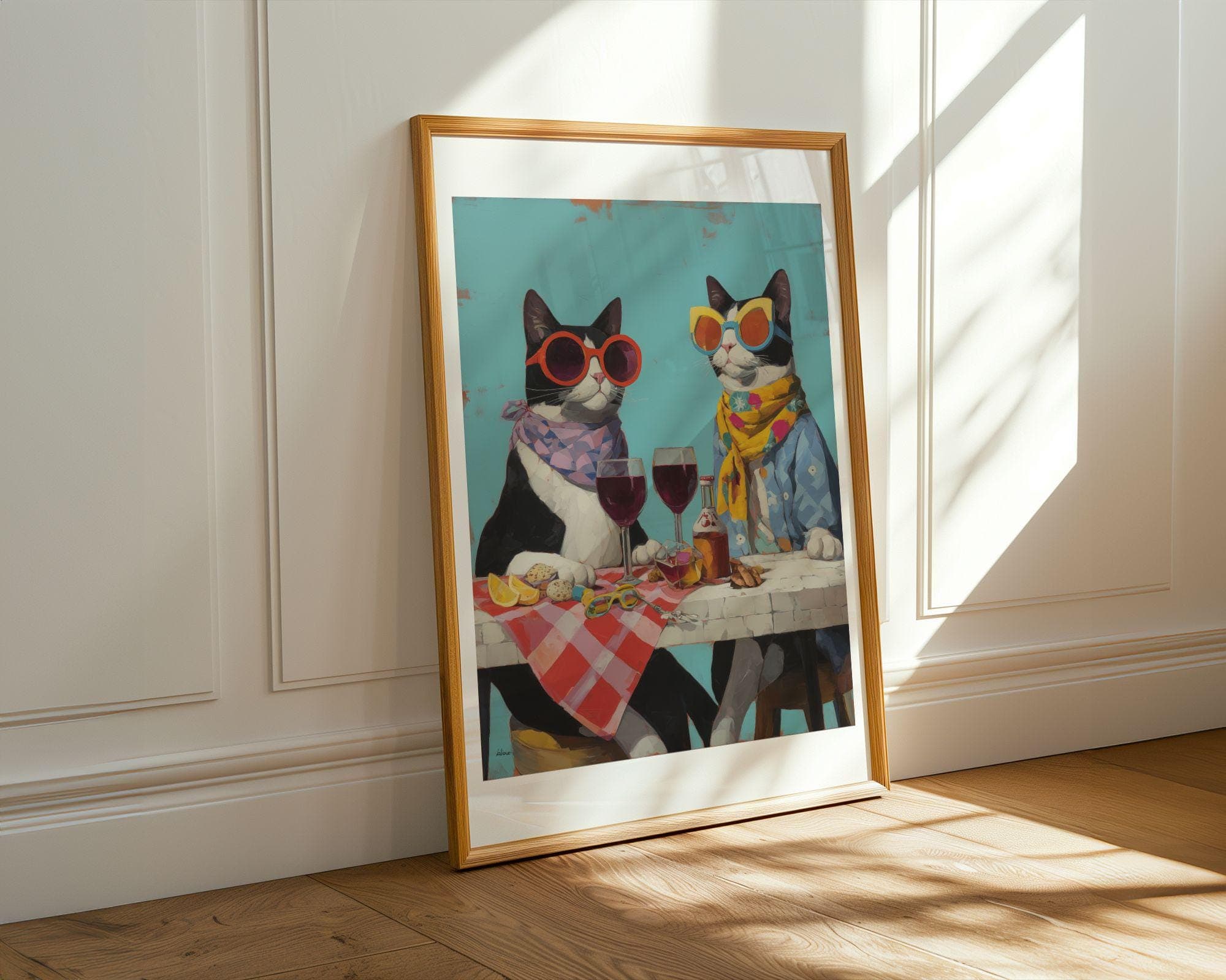 Funny Cat Couple Wall Art, Whimsical Cat Wine Print, Colorful Animal Painting, Dining Room Kitchen Decor, Stylish Pet Art, Quirky Cat Decor - view 6