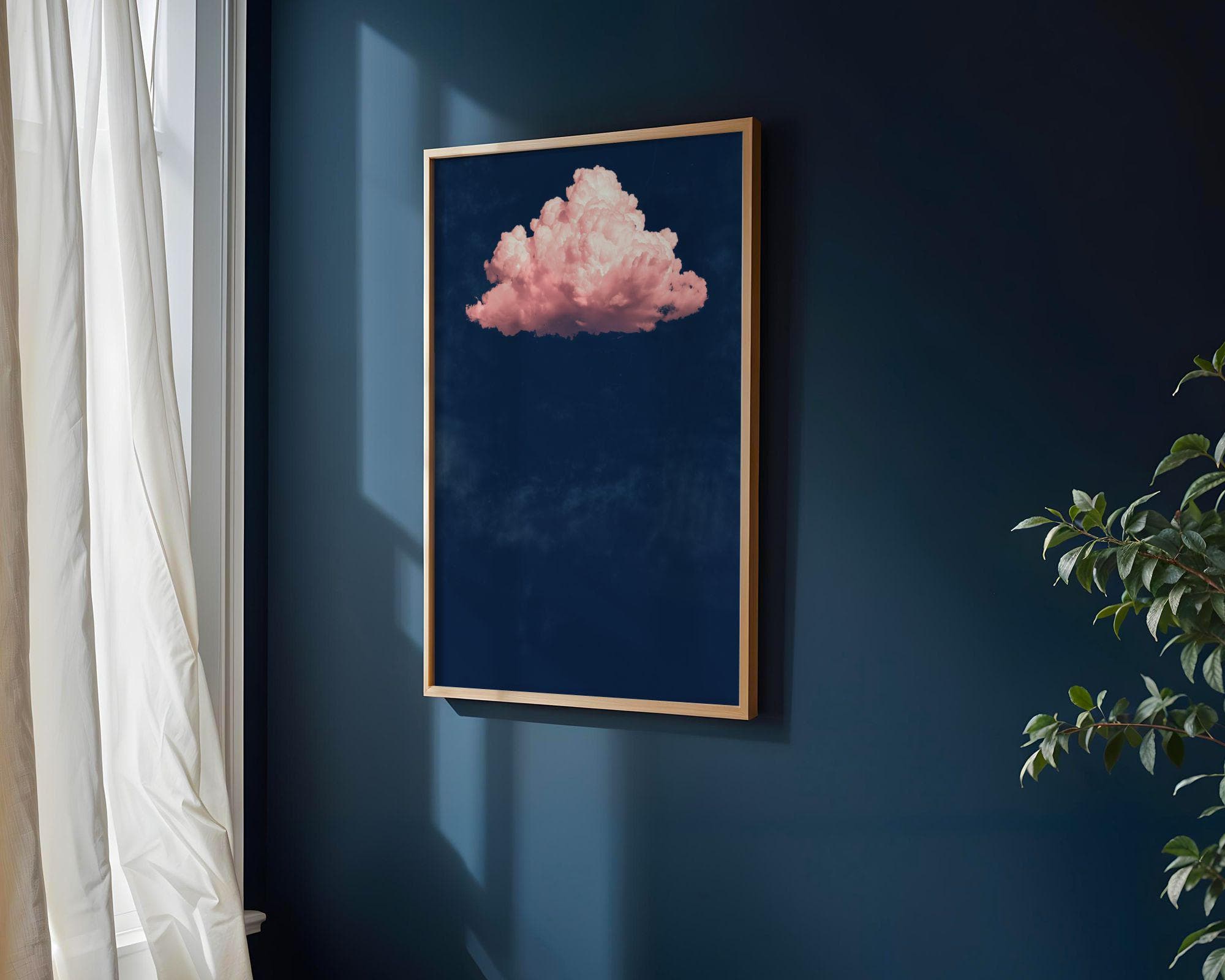 Pink Cloud on Navy, Minimal Wall Art Print, Pastel Cloud Aesthetic, Pink Cloud Wall Art, Minimalist Wall Art, Maximalist Art, Digitalprints - view 4