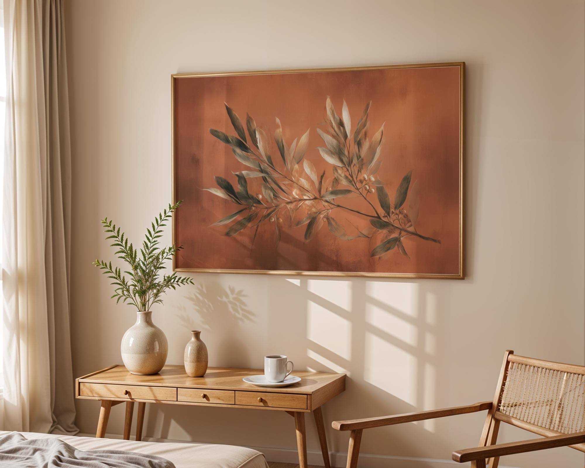 Earthy Botanical Wall Art with Olive Leaves and Warm Beige Background | Digital Rustic Nature Print, Rustic Olive Branch Wall Art, Olive Art - view 4