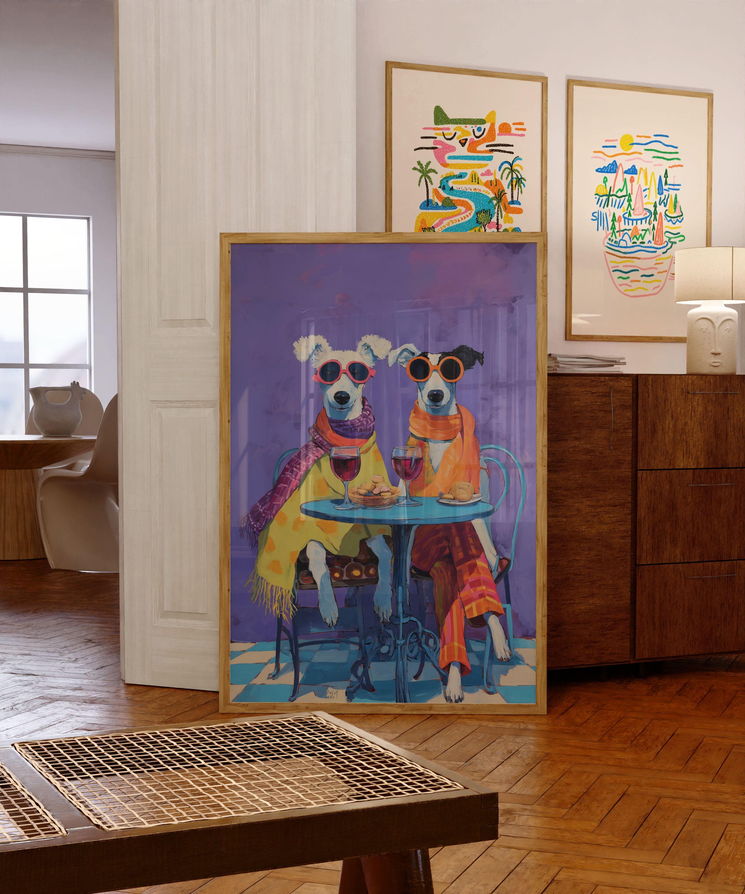Funny Dog Couple Wine Wall Art, Quirky Dogs Kitchen Wall Art, Funny Animal Dog Painting, Whimsical Dog Couple Art, Wine Lover Gift, Dog Art